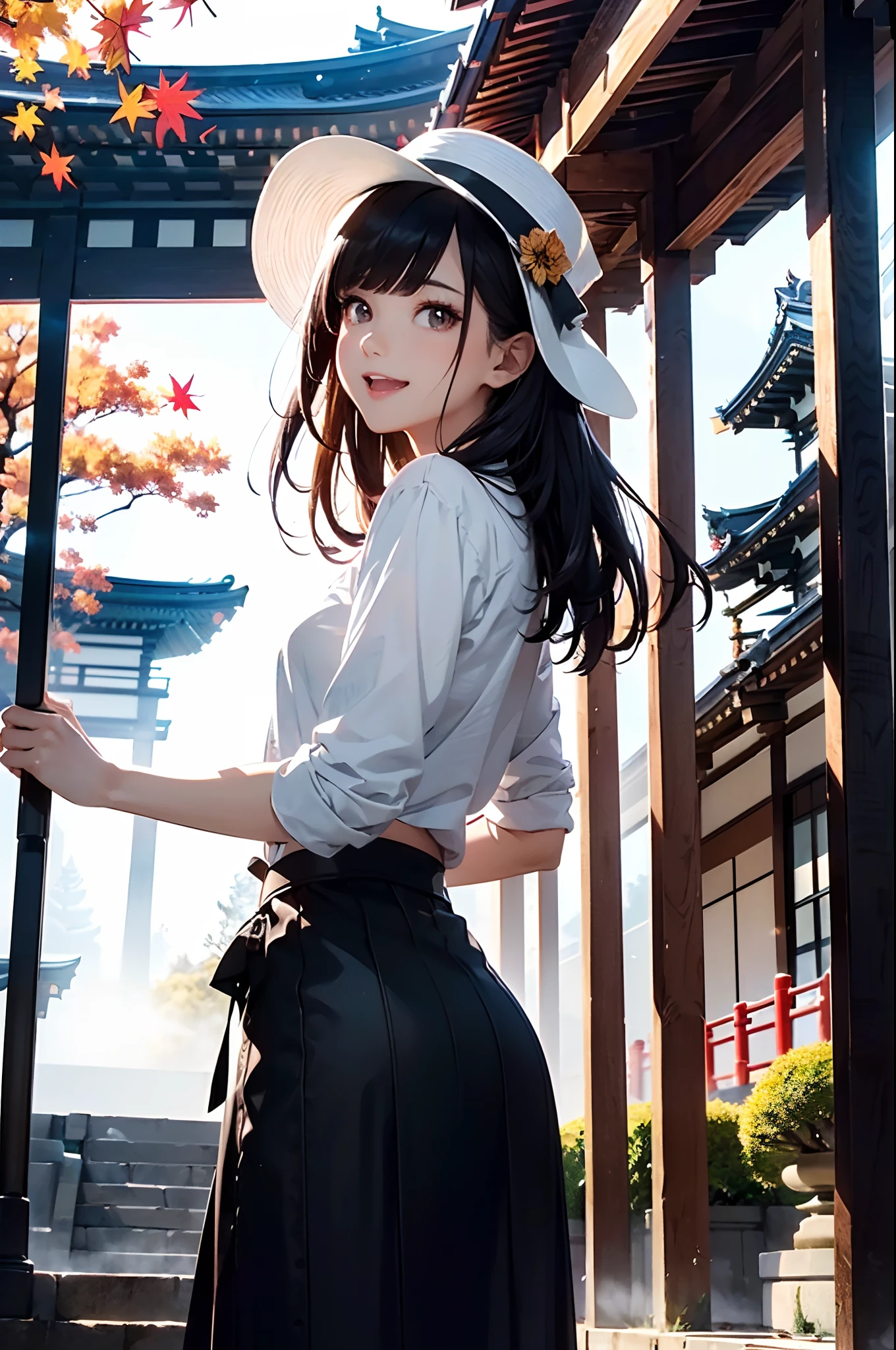 (Official art、Best Quality、Unity 8k Wallpapers、32K、​masterpiece、ultra-detailliert、超A high resolution、realisitic、Photorealsitic:1.2)、(Cinematic lighting:1.2)、Fireglow effect、film grains、Best Shadows、Rim lighting、side lights、(Ultra-detailed and complex 3D rendering)、Detailed beautiful face and eyes、(Full body:1.2)、(sideshot、Looking away:1.2)、(Mystical)、Highly detailed background、beauitful face、blurry backround、(super detailed skin、detailed skin textures:1.3)、(Kikoyo、Colored leaves、Autumn landscape:1.2)、cowboy  shot、Sharp pupils、Realistic pupils、shinny skin、beauitful face、blurry backround、20-year-old beauty、shinny skin、Beautiful shiny black hair、Longhaire、Gray eyes、Hats、Smile with open mouth、Maxi skirt with a floral pattern、beauty legs、Knitted tops、foco nítido、(Kinkakuji Temple:1.2)、In the morning fog