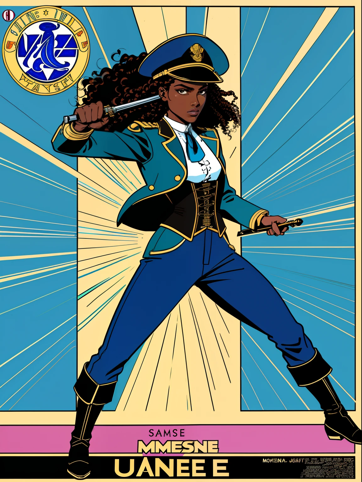 (comic style:1.3), (comic poster) (line art:1.5), (full body),(masterpiece, award winning, best quality:1.3), (flat color:1.3),(colorful:1.3), 1 girl ((solo)), Haitian, holding a sword, fighting stance, long curly black hair, dark skin, wearing a blue captains jacket, blue captains hat, blue pants, corset, cinematic, masterpiece, detailed background, detailed material textures, serious, realistic 1.35, muscular 1.2