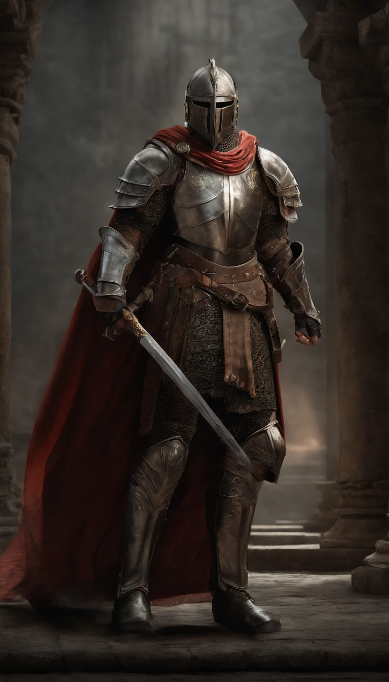 A man in armor stands in the hall with a sword, full portrait of magical knight, ares with heavy armor and sword, Fantasy warrior in full armor, paladin golden armor, arsen lupin as a paladin, Amazing 8K character concept art, for honor charector concept art, knight armored in red, Epic Paladin armor, holy crusader medieval knight