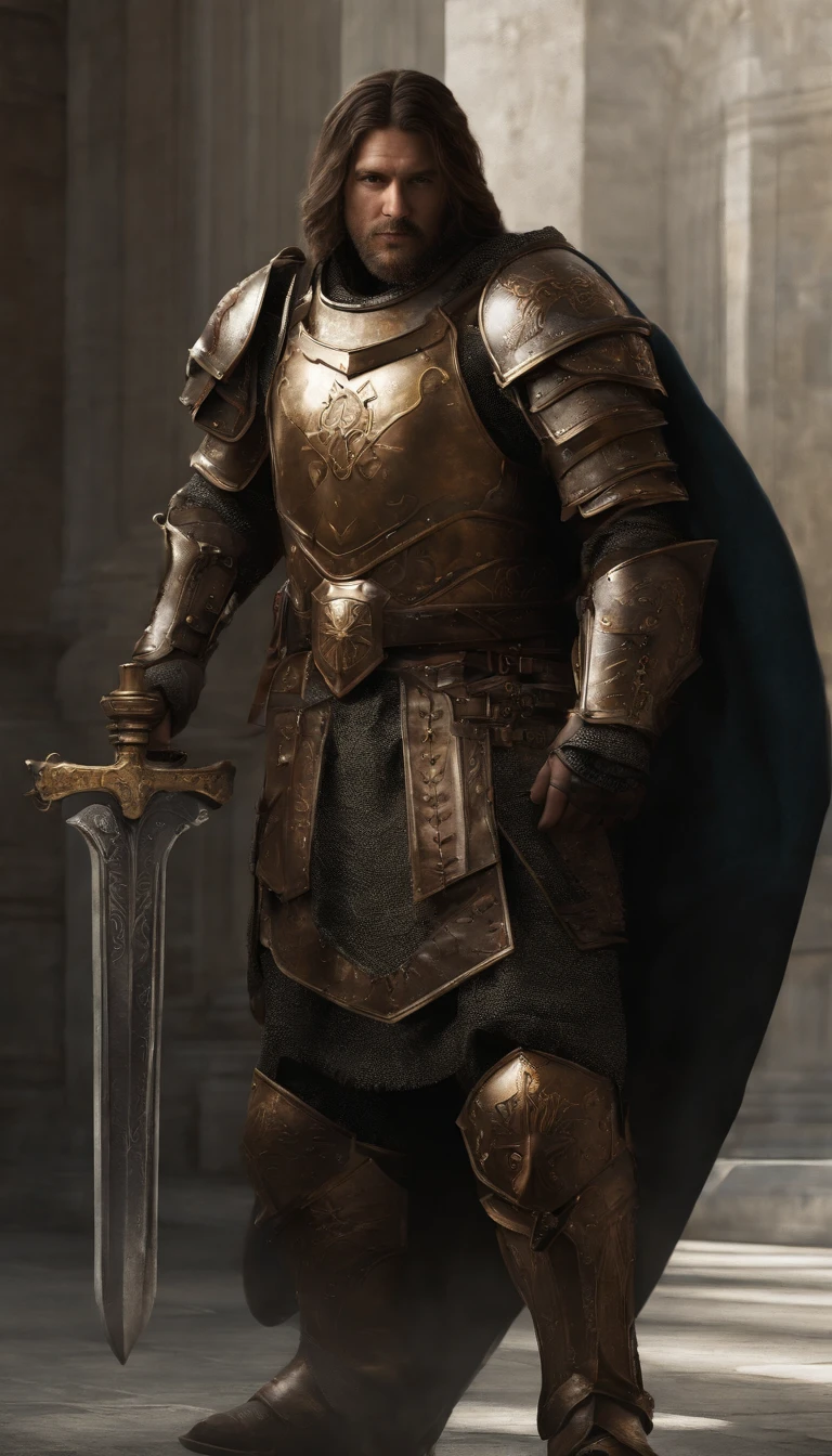 A man in armor stands in the hall with a sword, full portrait of magical knight, ares with heavy armor and sword, Fantasy warrior in full armor, paladin golden armor, arsen lupin as a paladin, Amazing 8K character concept art, for honor charector concept art, knight armored in red, Epic Paladin armor, holy crusader medieval knight