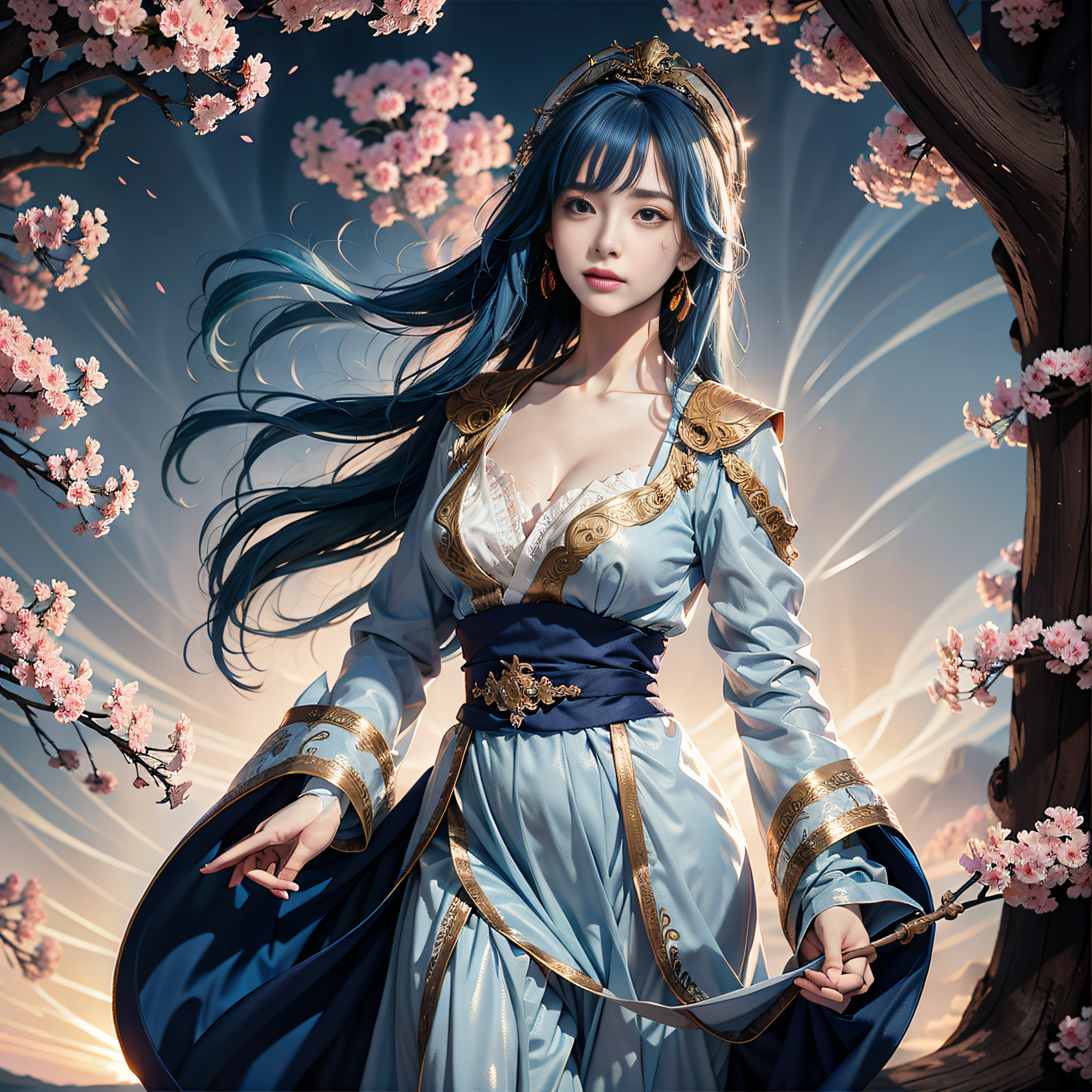 （（Jeizuo））），（（（best qualit））），（（ultra-detailliert）），（A hyper-realistic），（High Definition CG Illustration），Movie Light，Lifelike，（ganyu），Very beautiful young lady，Whirlwind，A bell hangs on his chest，（Beautiful face and lips），Light makeup，Intricate Details EBA，lightblue hair，blue cloak，Popular on ArtStation，Big thighs，fully body photo、Japanese dress、Colossal tits