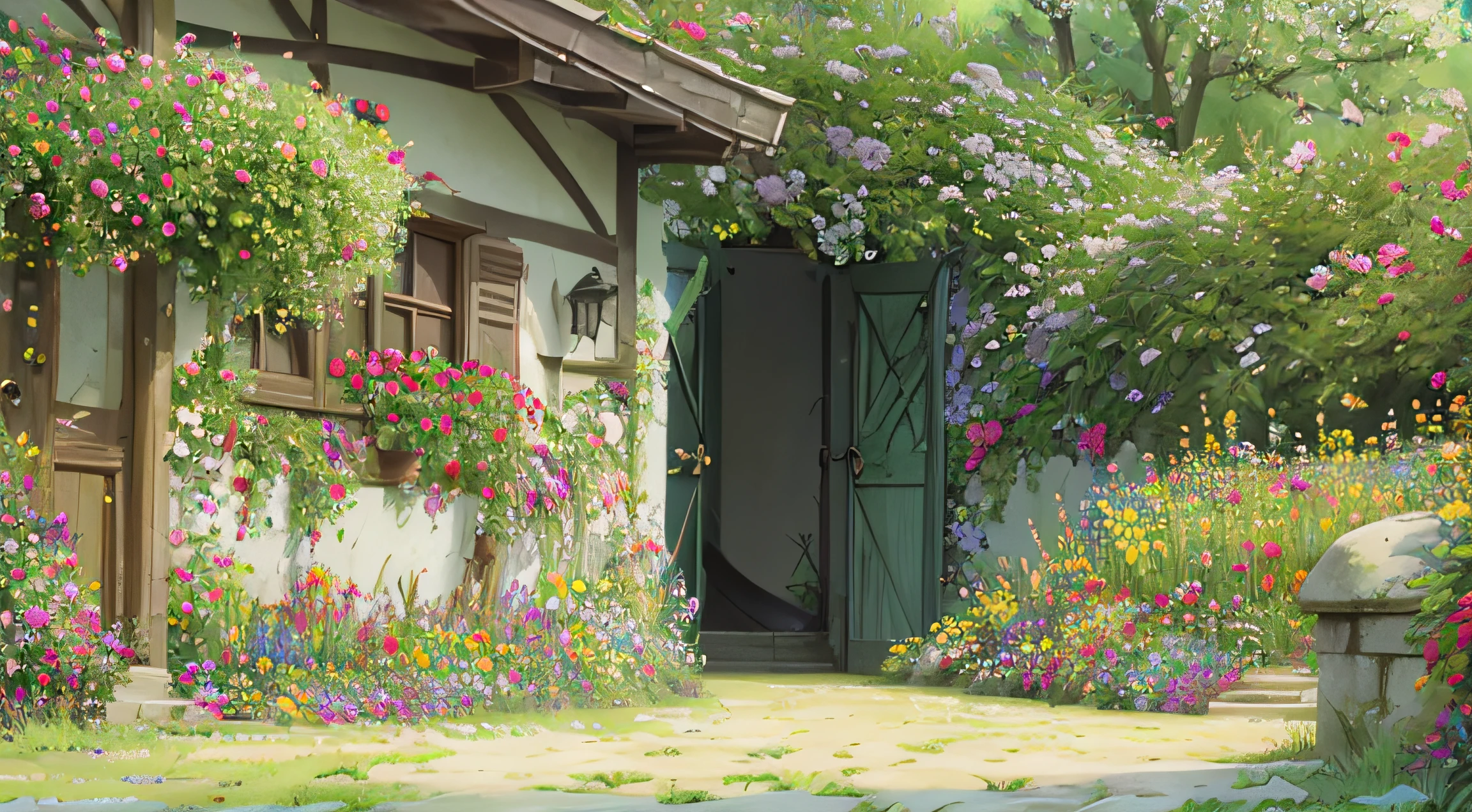 Flowers in a lovely garden with bees and dragonflies buzzing, clorful, in cinematic lighting