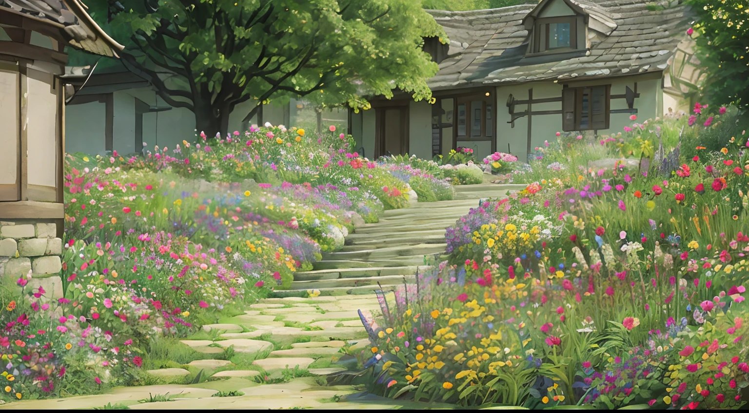 Flowers in a lovely garden with bees and dragonflies buzzing, clorful, in cinematic lighting
