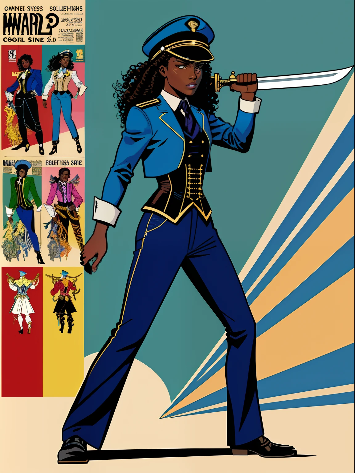 (comic style:1.3), (comic poster) (line art:1.5), (full body),(masterpiece, award winning, best quality:1.3), (flat color:1.3),(colorful:1.3), 1 girl ((solo)), Haitian, holding a sword, fighting stance, long curly black hair, dark skin, wearing an open blue captains jacket, blue captains hat, blue pants, corset, cinematic, masterpiece, detailed background, detailed material textures, serious, realistic 1.35, muscular 1.2
