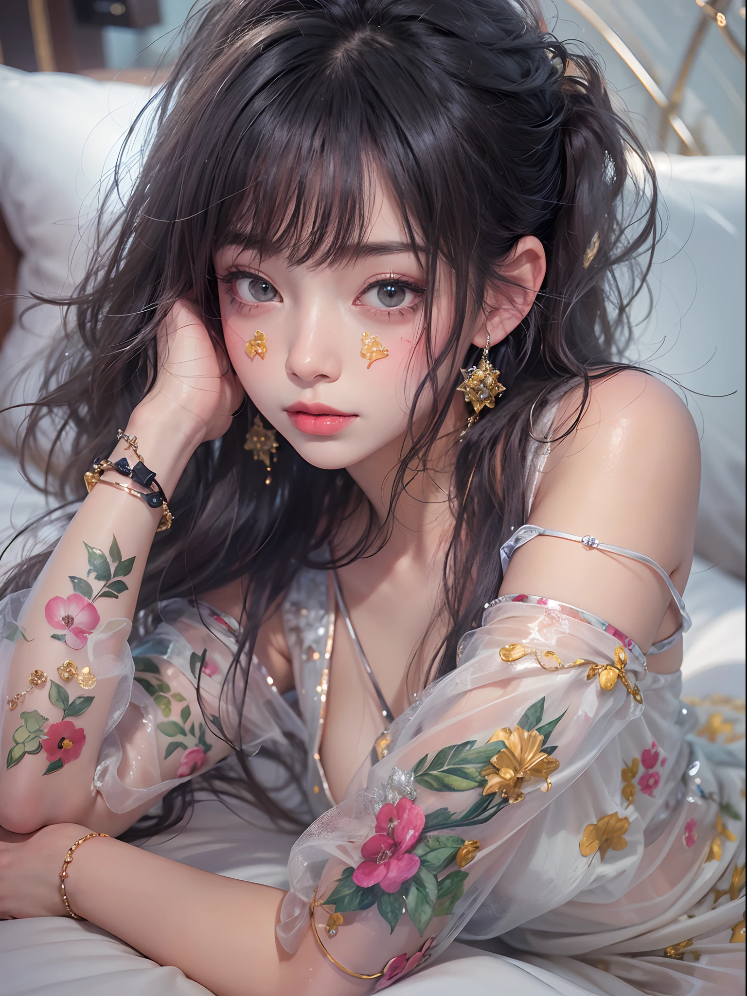 1girll, potrait（enchanced quality：1.4），（Top quality true texture skin), Delicate face,Black hair, Gradient hair, Petite body,（perfect bodies：1.1）, There are precious stones on the forehead, rimless eyewears, Sparkling pupils，long eyelasher,grin, hyper photorealism, Cinematic lighting, projected inset, surrealism, hyper HD, Masterpiece, 16k，Lie down，dream on，Wear transparent silk pajamas,Carmelto,Legs slightly open，Tattooed with，Fantasy space，Luxurious space