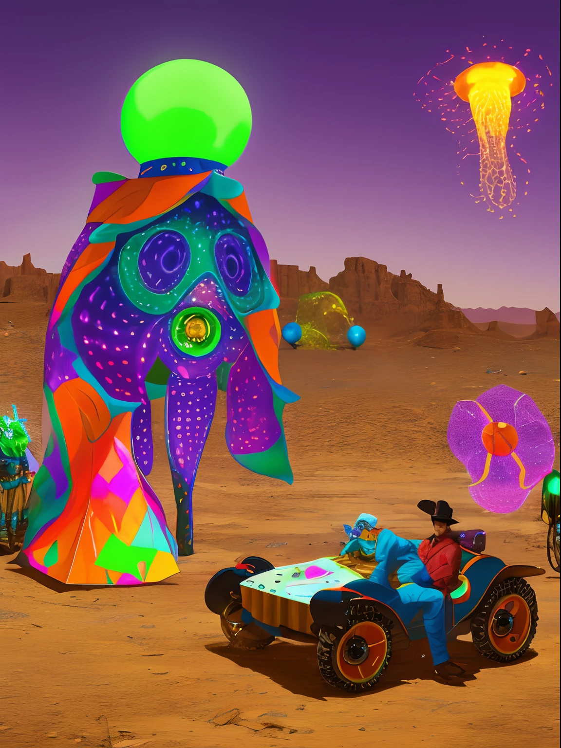 Salvador Dali and Federico Garcia Lorca wearing day-glow lime green, day-glow orange, red and violet paisley suits play Buchla Modular Sound Easels, creating dauntless cimmerian geologies, in a desert of torrential x-ray foliage, scattering leptons and brandy, wasted germinal diamonds, forcing neon jellyfish enigmas to grow, , telephoto shot, vibrant color grading, chromatic aberrations, sci-fi