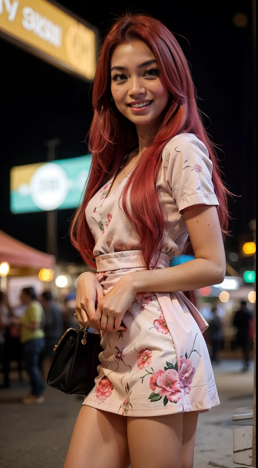 Malay girl, melayu, very long pink hair,wear soft green Mini peplum Dress with floral pattern, laughing and posing with hand on hip, wear handbag, front view, windy, detail skin, age spot, detail skin texture, mole below eyes, small breast, flat chest, wide hips, small waists, thick thighs, slim abs, beautiful body, nighttime, laughing, happy, bright lighting, night market background, blur background, bokeh,