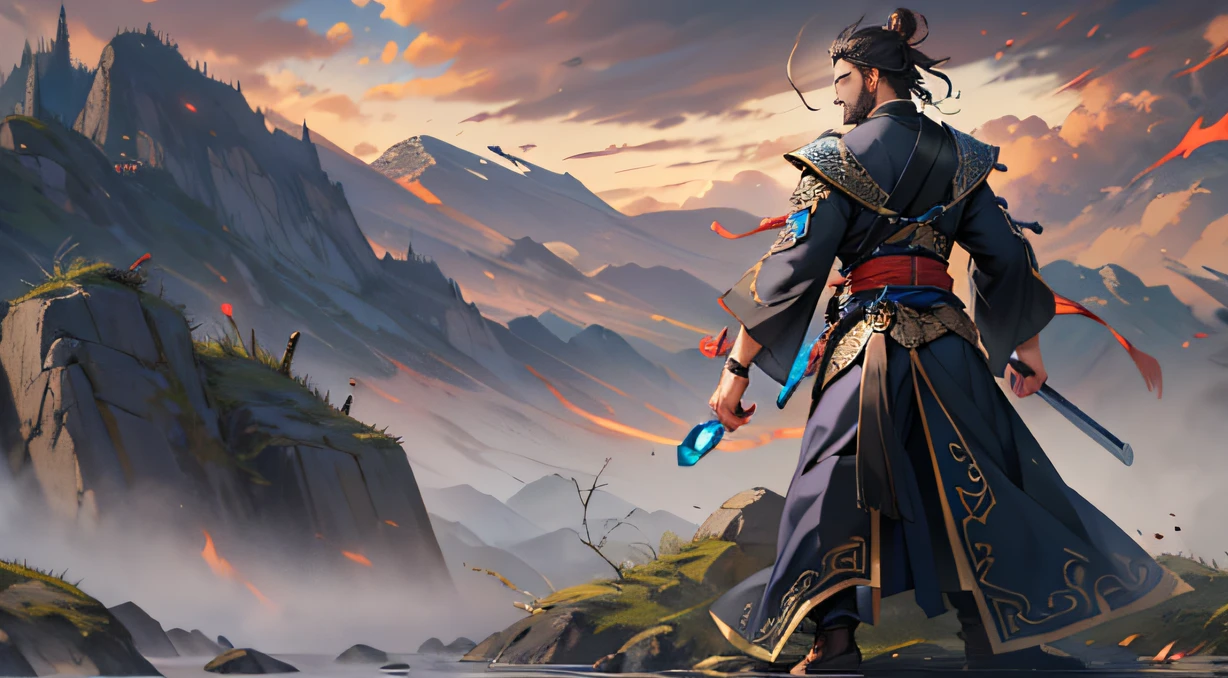 32K live-action textures（tmasterpiece，k hd，hyper HD，32K）A warrior,38 years old，Soft curved beard，Flowing black mid-hair，Taoist，shadowboxing，Purple-gold robe，Exudes a powerful aura. Showcase his unparalleled prowess. full bodyesbian，Dynamic state，Dynamic posture，The whole square was trembling, I really appreciate the tremendous strength shown by Li Gu， 32K, Best quality, Masterpiece, Super detail, High details,