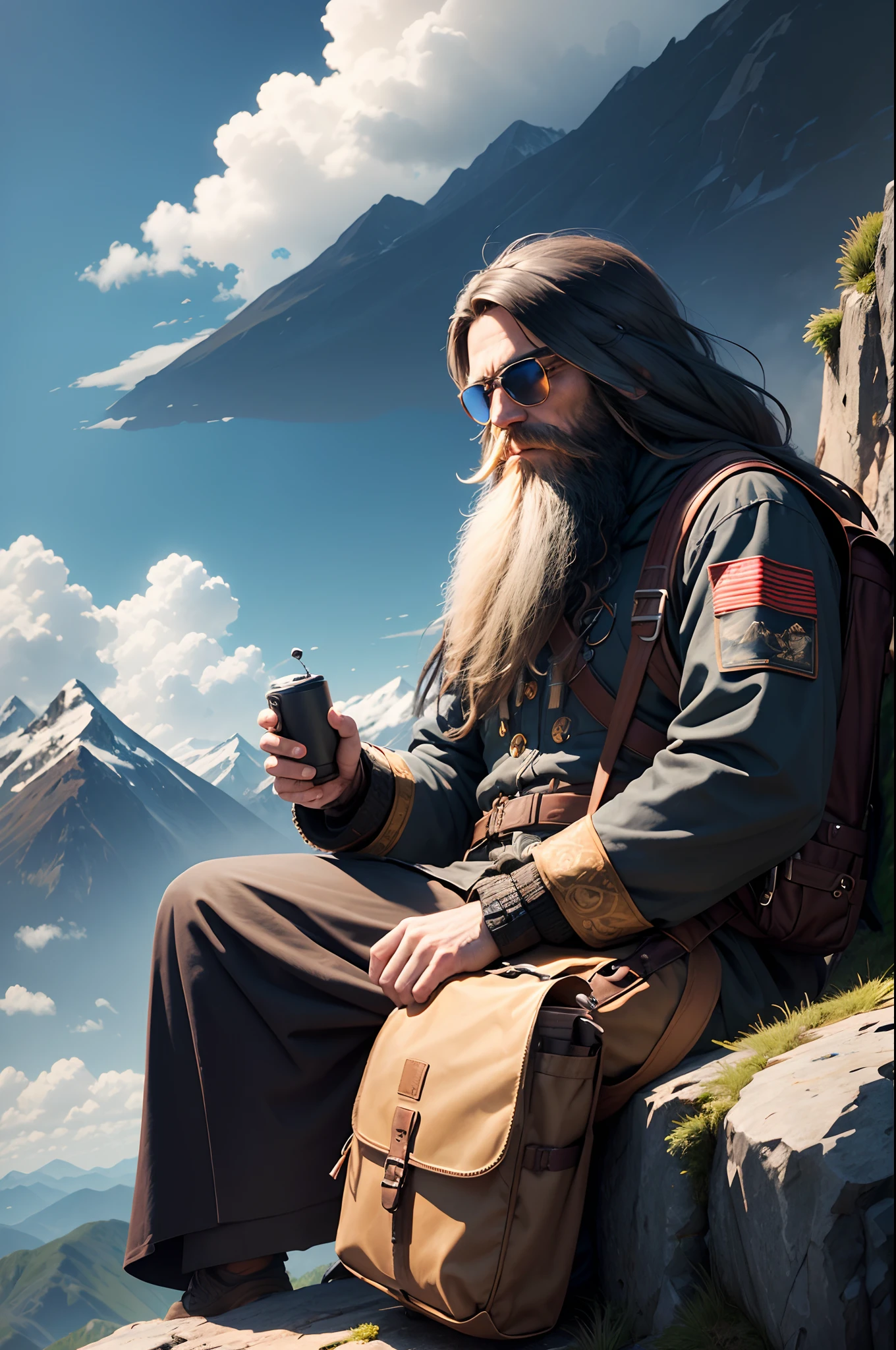 A man long beard man, dredlock hair, sitting on a mountain top, mountains and clouds in the front, birds, bag pack, sun glass, alone , masterpiece, information, hyper realistic, cinematic picture, zoomed out