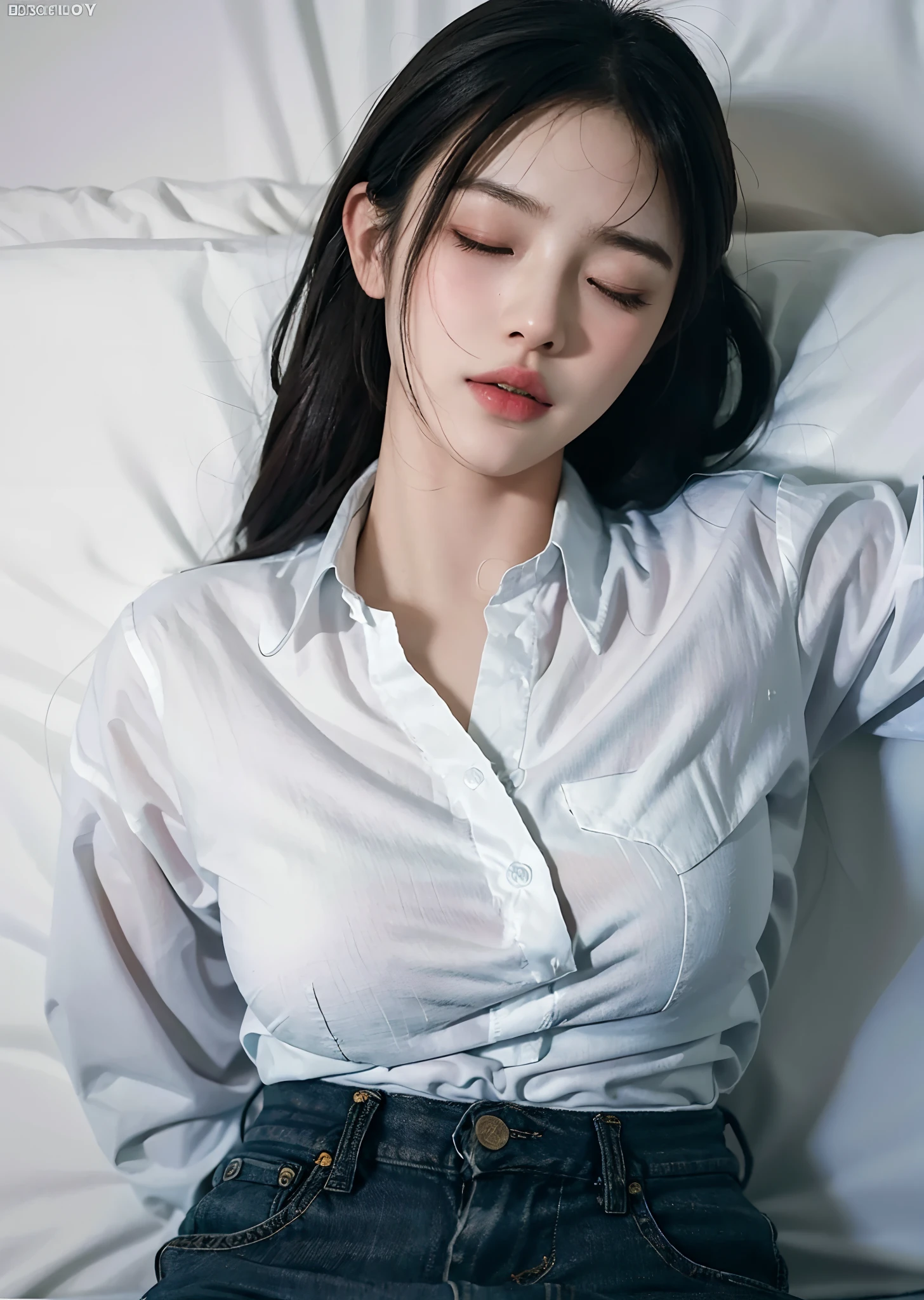 masterpiece, bset quality, realistic, 1girl, (PureErosFace_V1:0.7), (8k, best quality), shirt, jeans,unconscious, closed eyes, sleeping, {{cum on face}}, cum_in_mouth, cum_on_hair, cum on breast, full body,