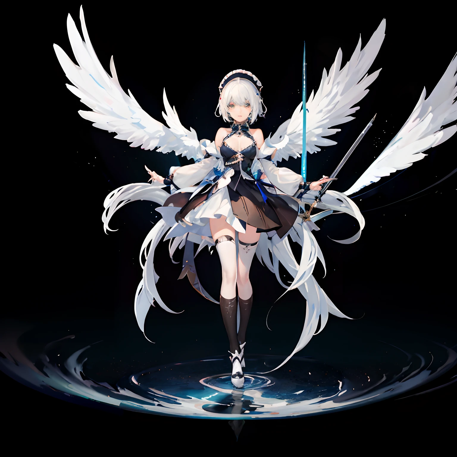 Anime girl with white wings and underwater sword, angel knight girl, from arknights, best anime 4k konachan wallpaper, Anime art wallpaper 8k, big white glowing wings, white haired god, anime art wallpaper 4k, anime art wallpaper 4k, from the azur lane videogame, angelic purity, 4k anime wallpaper