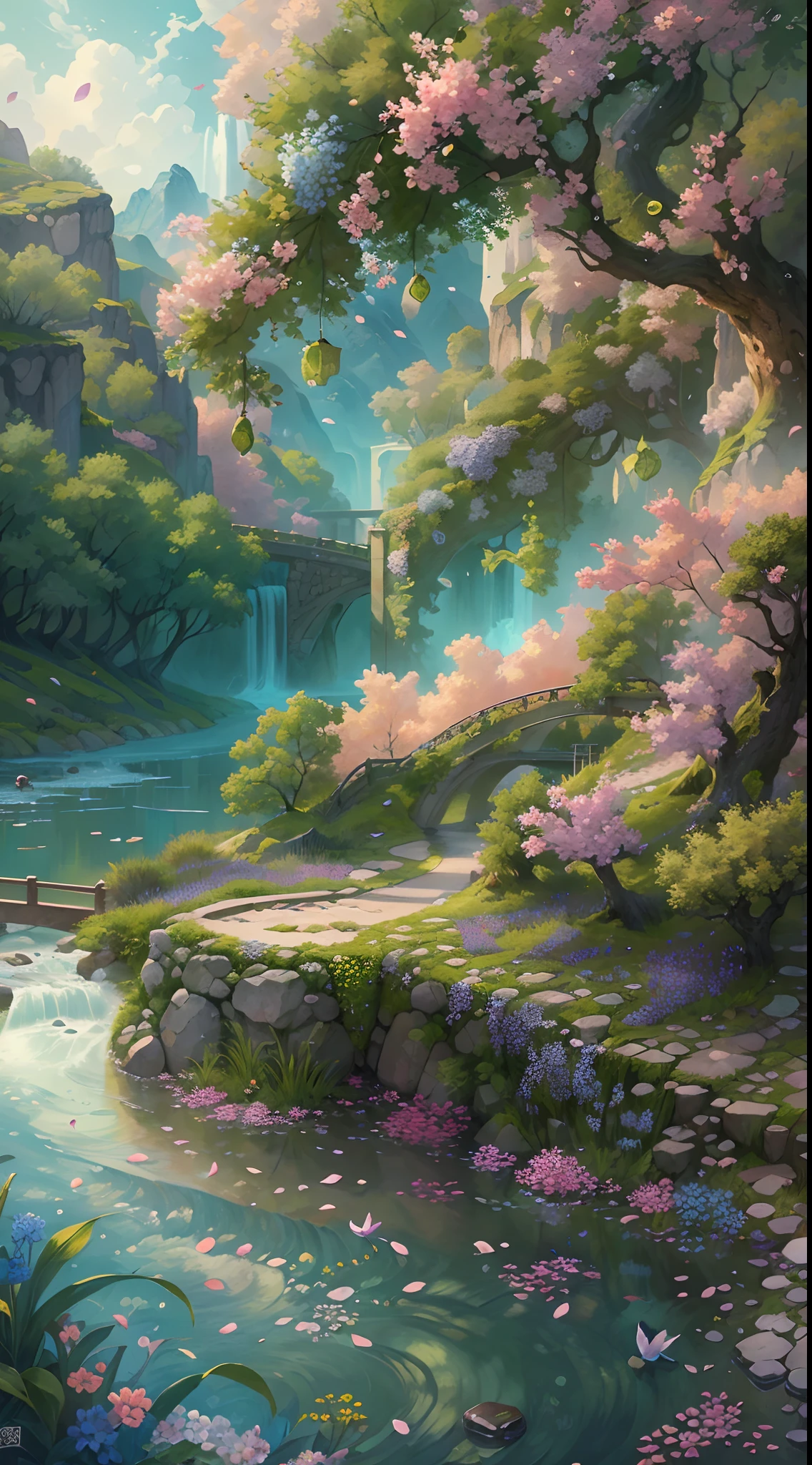 Painting of a river with a bridge and a waterfall in the middle - SeaArt AI