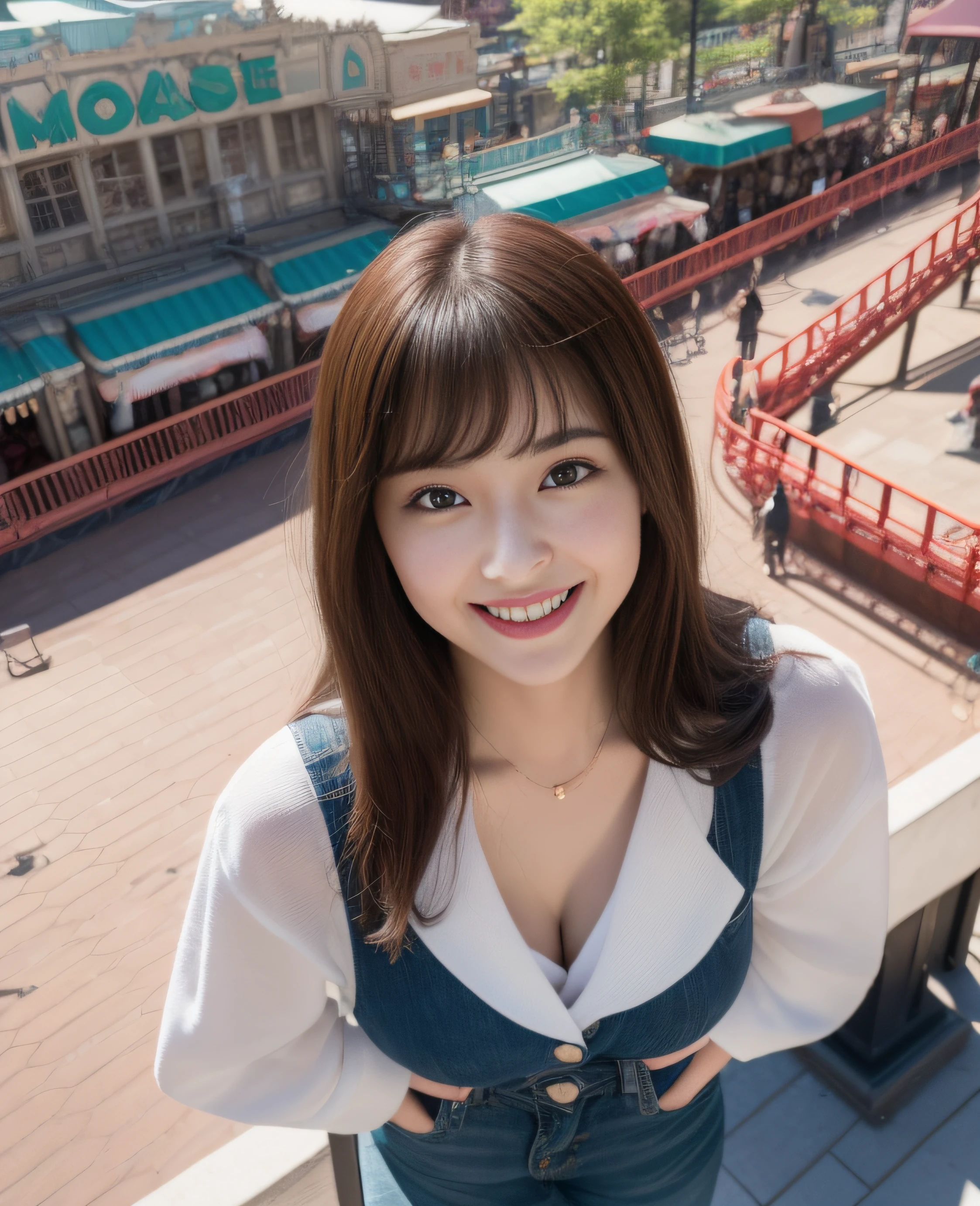 ((Top Quality, 8K, Masterpiece: 1.3)), Beautiful Girl, Pure, Melon Face, Kind and Cute, Sweet Smile, Pure Desire, Slender Body, (Sideways Body), (Tilts the Head), Vibrant Casual Suit, medium hair, long flowing shoulders, big round black eyes, big clear eyes, moist red lips, sweet, (((shot from above diagonally))), squatting, amusement park background, afternoon,
