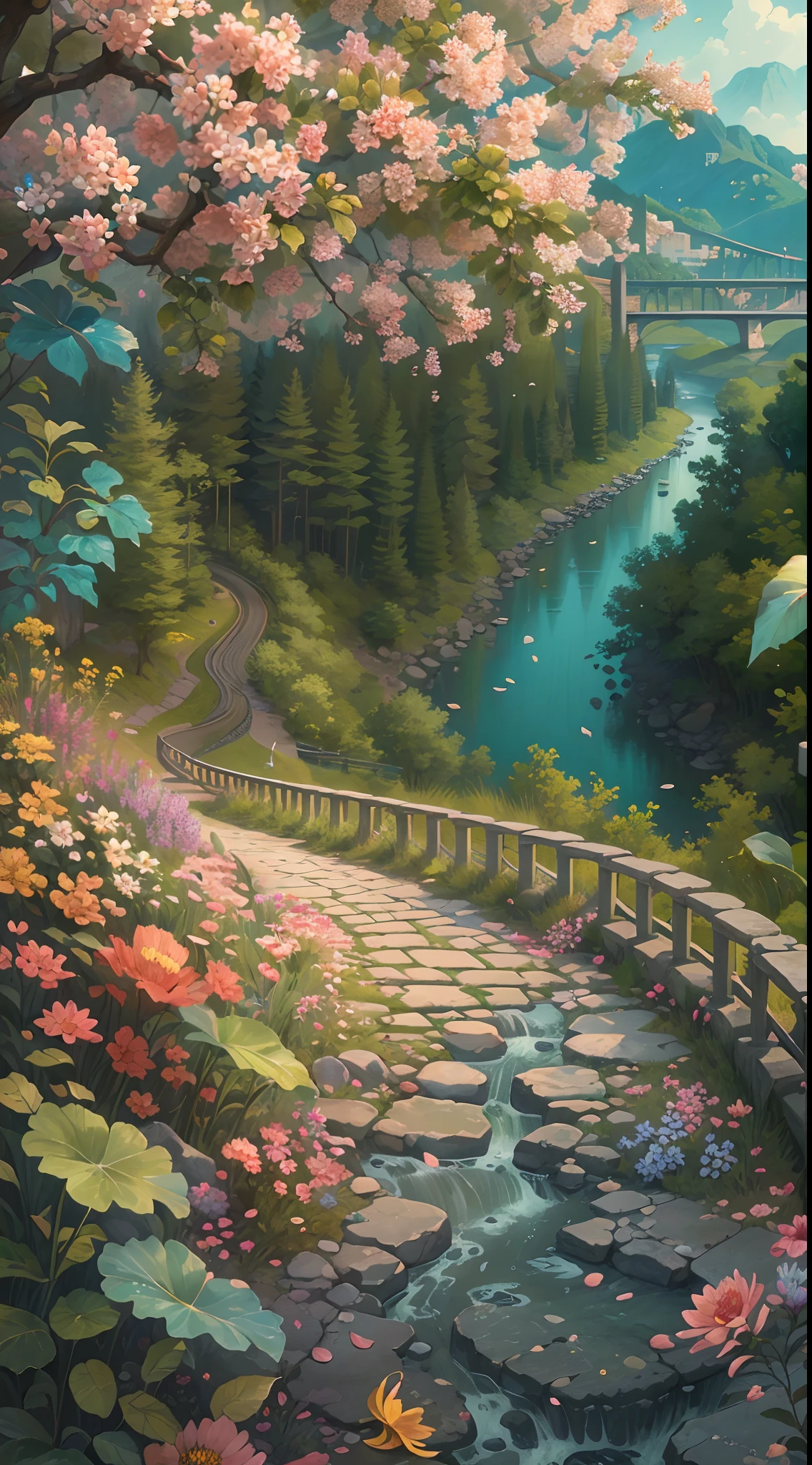 (best quality,illustration:1.1),(masterpiece:1.1),(extremely detailed CG Unity 8K wallpaper),(colorful:1.2),vines,branches,flowers,petals,landscape,river,road