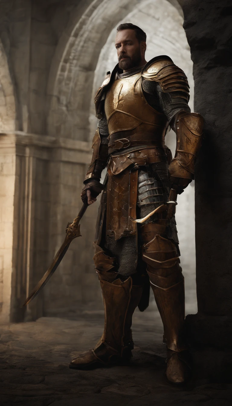 A man in armor stands in the hall with a sword, full portrait of magical knight, ares with heavy armor and sword, Fantasy warrior in full armor, paladin golden armor, arsen lupin as a paladin, Amazing 8K character concept art, for honor charector concept art, knight armored in red, Epic Paladin armor, holy crusader medieval knight