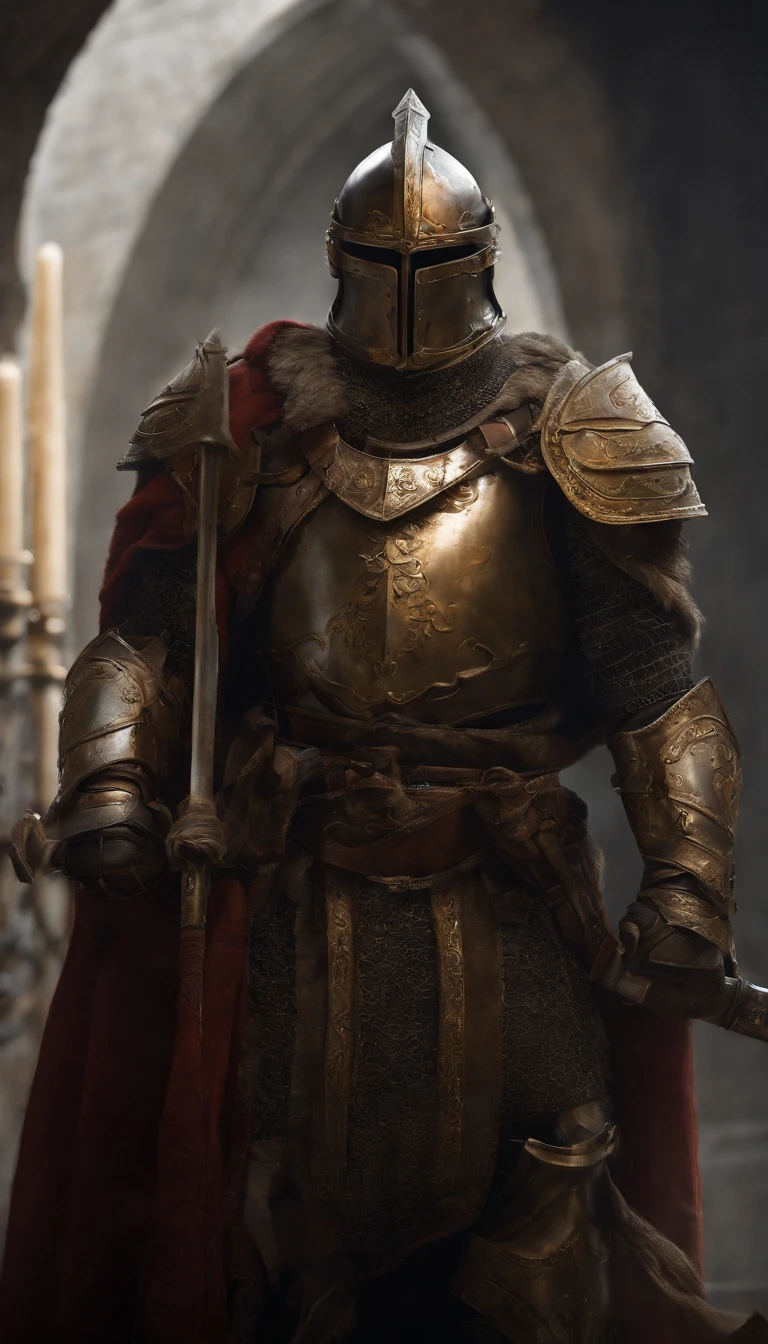 A man in armor stands in the hall with a sword, full portrait of magical knight, ares with heavy armor and sword, Fantasy warrior in full armor, paladin golden armor, arsen lupin as a paladin, Amazing 8K character concept art, for honor charector concept art, knight armored in red, Epic Paladin armor, holy crusader medieval knight