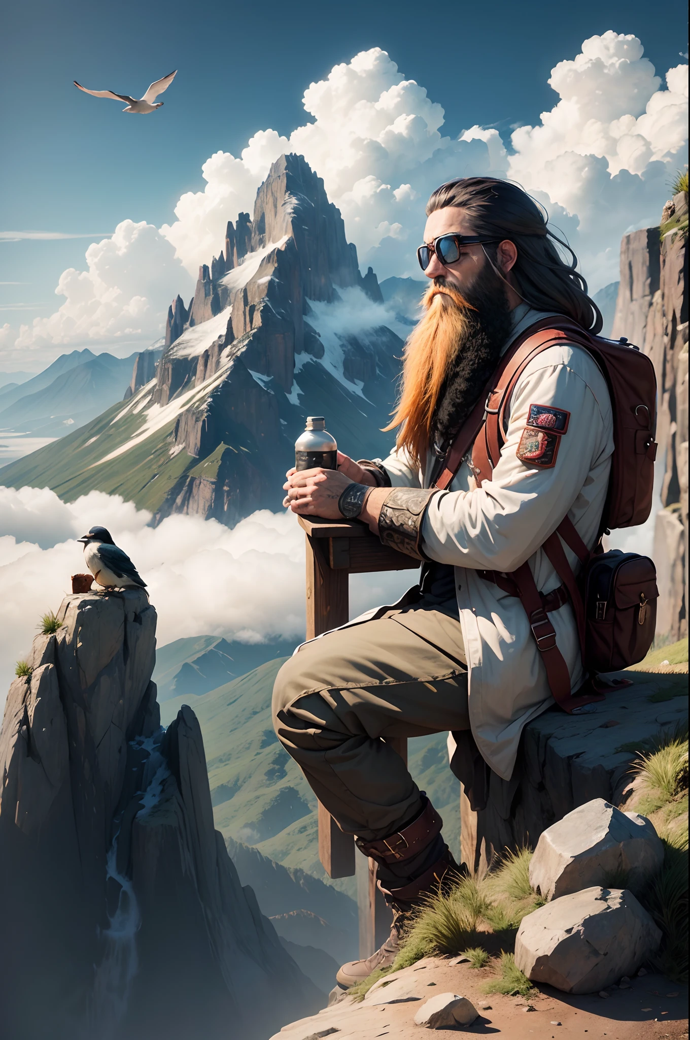 A man long beard man, dredlock hair, sitting on a mountain top, mountains and clouds in the front, birds, bag pack, sun glass, alone , masterpiece, information, hyper realistic, cinematic picture, zoomed out