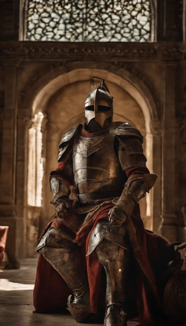 A man in armor stands in the hall with a sword, full portrait of magical knight, ares with heavy armor and sword, Fantasy warrior in full armor, paladin golden armor, arsen lupin as a paladin, Amazing 8K character concept art, for honor charector concept art, knight armored in red, Epic Paladin armor, holy crusader medieval knight
