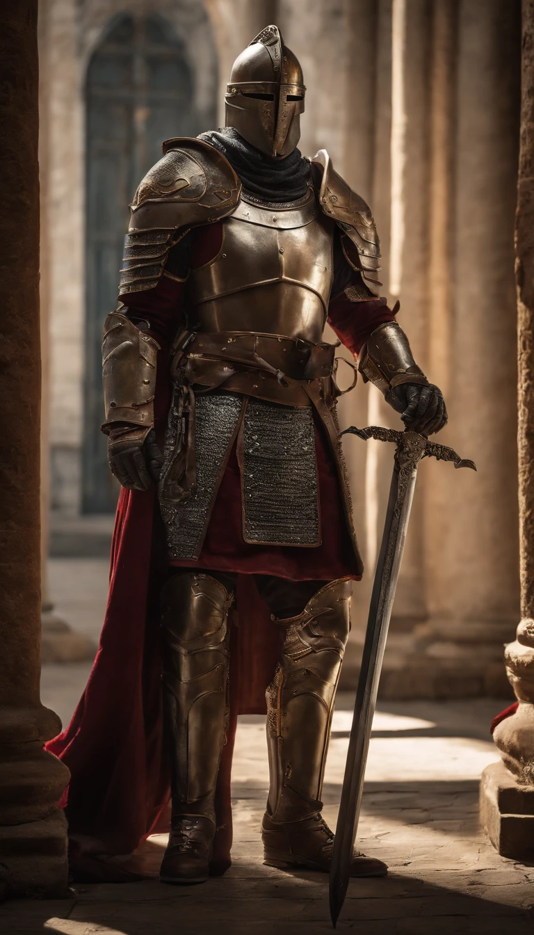 A man in armor stands in the hall with a sword, full portrait of magical knight, ares with heavy armor and sword, Fantasy warrior in full armor, paladin golden armor, arsen lupin as a paladin, Amazing 8K character concept art, for honor charector concept art, knight armored in red, Epic Paladin armor, holy crusader medieval knight