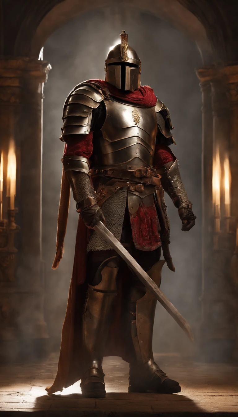 A man in armor stands in the hall with a sword, full portrait of magical knight, ares with heavy armor and sword, Fantasy warrior in full armor, paladin golden armor, arsen lupin as a paladin, Amazing 8K character concept art, for honor charector concept art, knight armored in red, Epic Paladin armor, holy crusader medieval knight