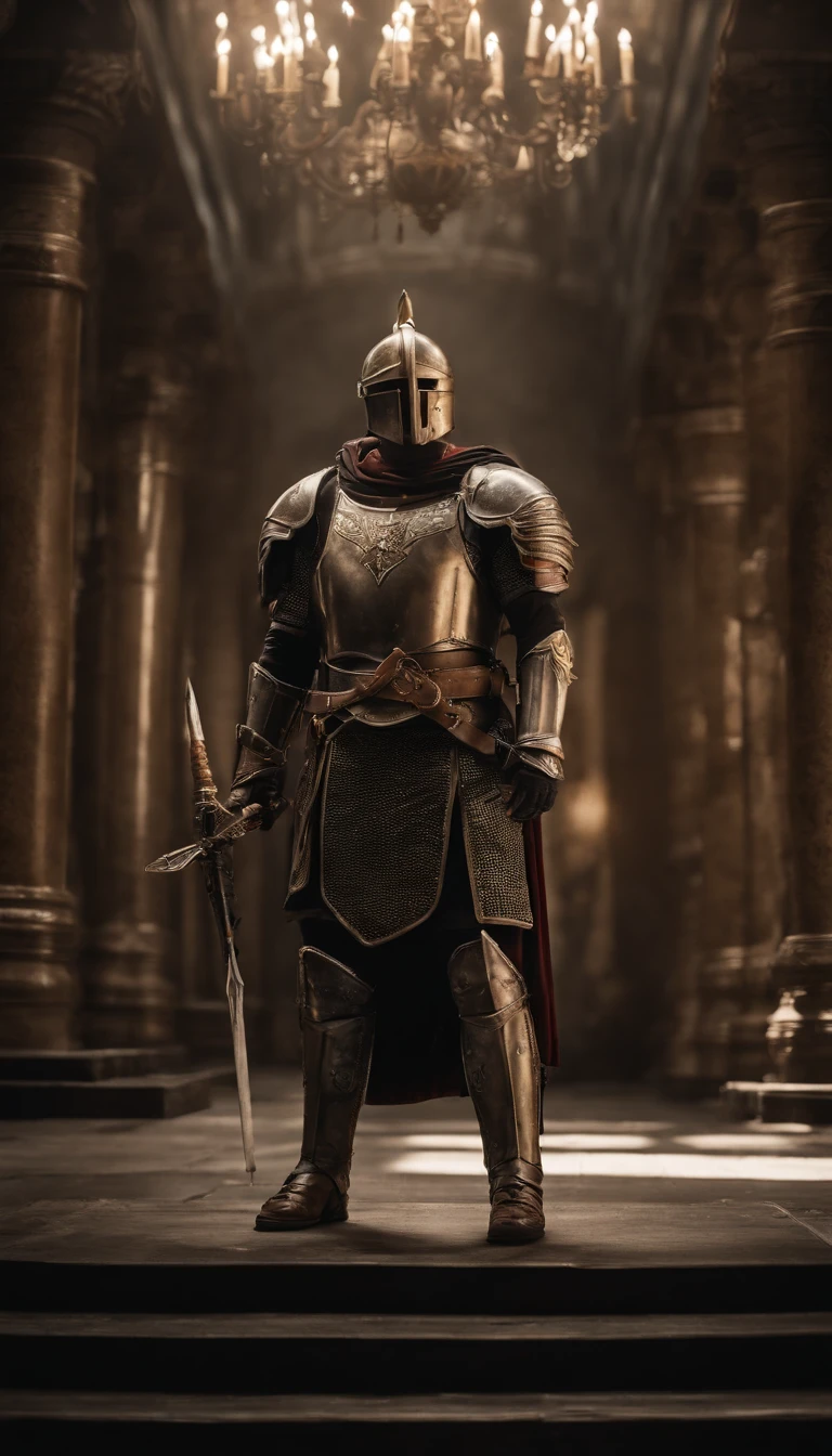 A man in armor stands in the hall with a sword, full portrait of magical knight, ares with heavy armor and sword, Fantasy warrior in full armor, paladin golden armor, arsen lupin as a paladin, Amazing 8K character concept art, for honor charector concept art, knight armored in red, Epic Paladin armor, holy crusader medieval knight