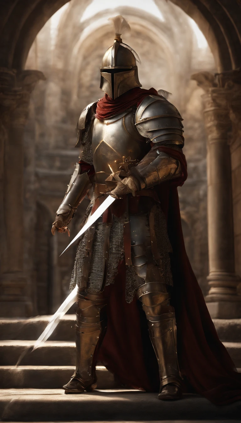 A man in armor stands in the hall with a sword, full portrait of magical knight, ares with heavy armor and sword, Fantasy warrior in full armor, paladin golden armor, arsen lupin as a paladin, Amazing 8K character concept art, for honor charector concept art, knight armored in red, Epic Paladin armor, holy crusader medieval knight