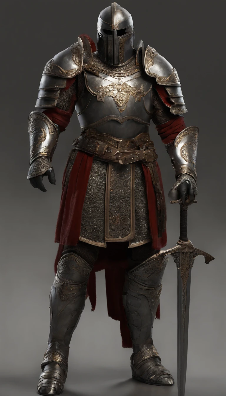 A man in armor stands in the hall with a sword, full portrait of magical knight, ares with heavy armor and sword, Fantasy warrior in full armor, paladin golden armor, arsen lupin as a paladin, Amazing 8K character concept art, for honor charector concept art, knight armored in red, Epic Paladin armor, holy crusader medieval knight