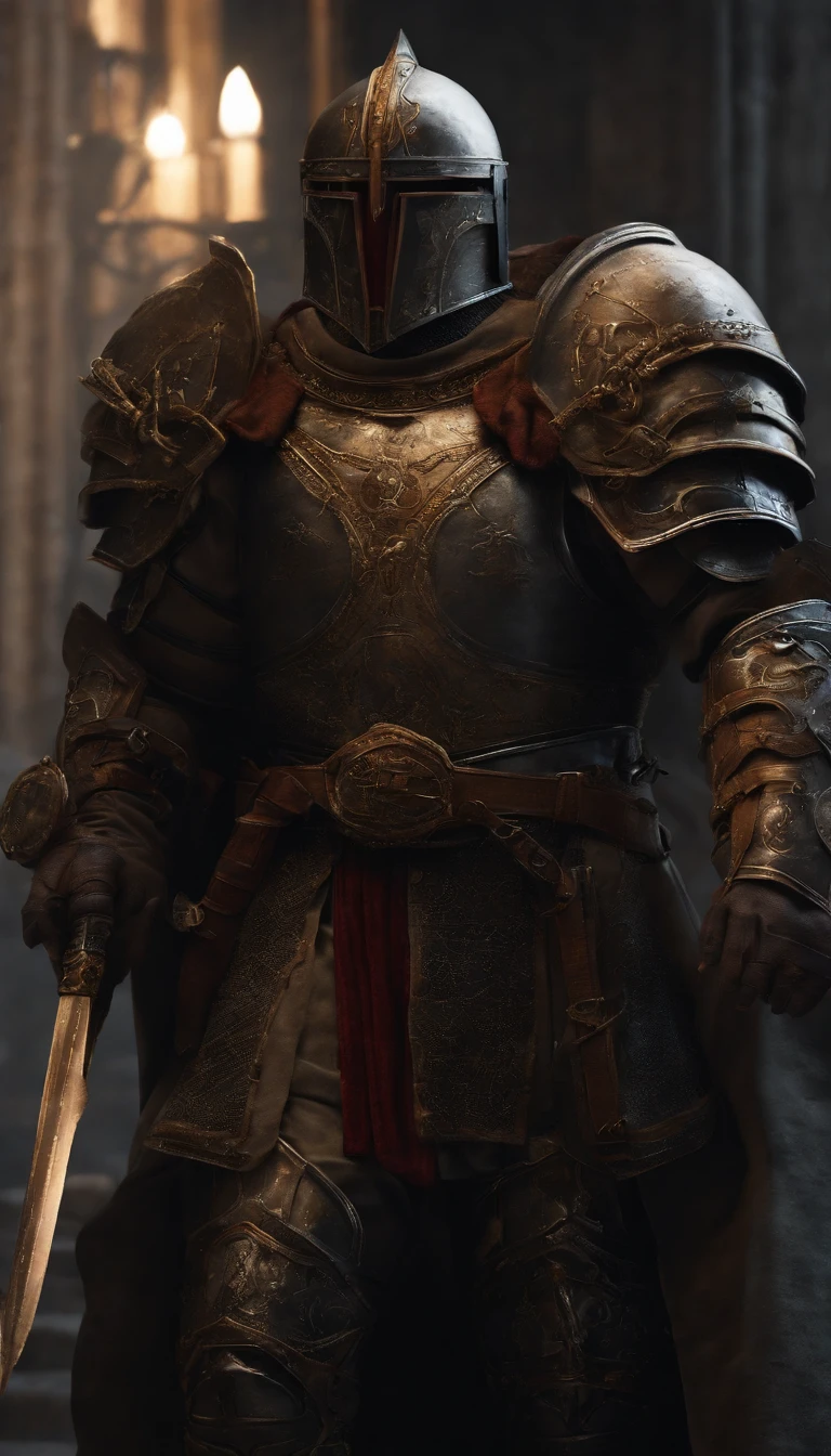 A man in armor stands in the hall with a sword, full portrait of magical knight, ares with heavy armor and sword, Fantasy warrior in full armor, paladin golden armor, arsen lupin as a paladin, Amazing 8K character concept art, for honor charector concept art, knight armored in red, Epic Paladin armor, holy crusader medieval knight