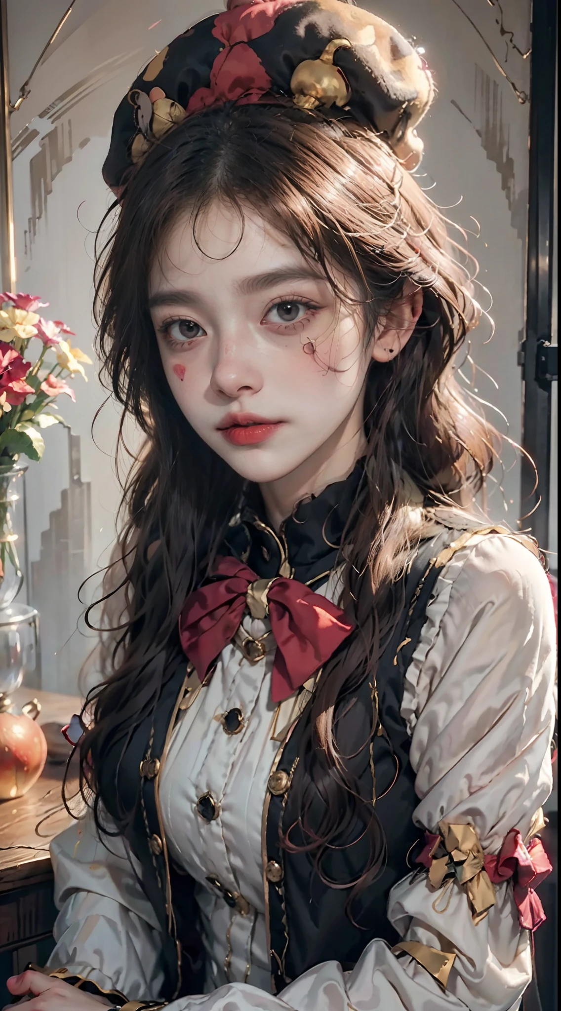 NFFSW,NFFSW,8K, Best quality, masutepiece, Highly detailed, Studio lighting, Physically-based rendering, 1girl in, Solo,
jocker. Colorful, Clown hat and flowers, Clown costume, mitts, The heart is drawn on the face, dark gold hair,(Sad), White face, Wavy hair, hair-bun, 
(Upper body) full bodyesbian,
