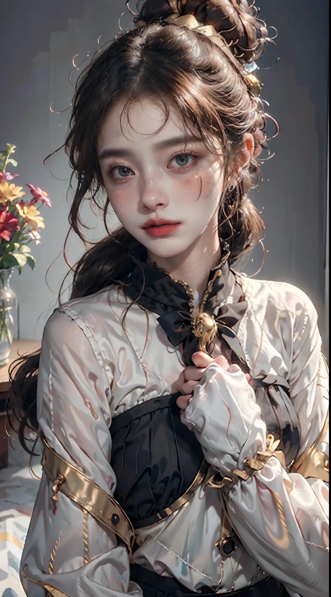 NFFSW,NFFSW,8K, Best quality, masutepiece, Highly detailed, Studio lighting, Physically-based rendering, 1girl in, Solo,
jocker. Colorful, Clown hat and flowers, Clown costume, mitts, The heart is drawn on the face, dark gold hair,(Sad), White face, Wavy hair, hair-bun, 
(Upper body) full bodyesbian,