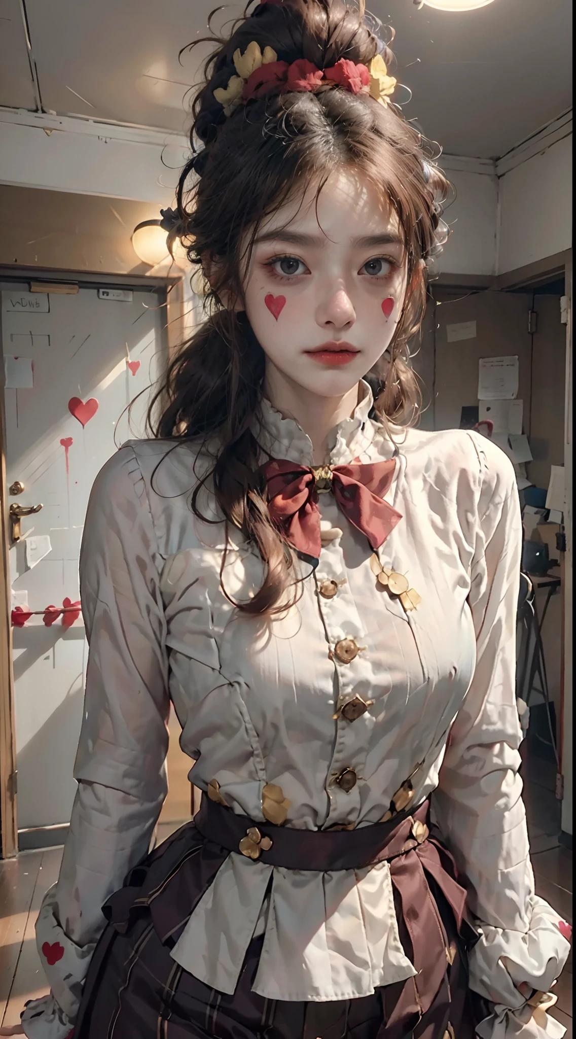 NFFSW,NFFSW,8K, Best quality, masutepiece, Highly detailed, Studio lighting, Physically-based rendering, 1girl in, Solo,
jocker. Colorful, Clown hat and flowers, Clown costume, mitts, The heart is drawn on the face, dark gold hair,(Sad), White face, Wavy hair, hair-bun,
(Upper body) full bodyesbian,