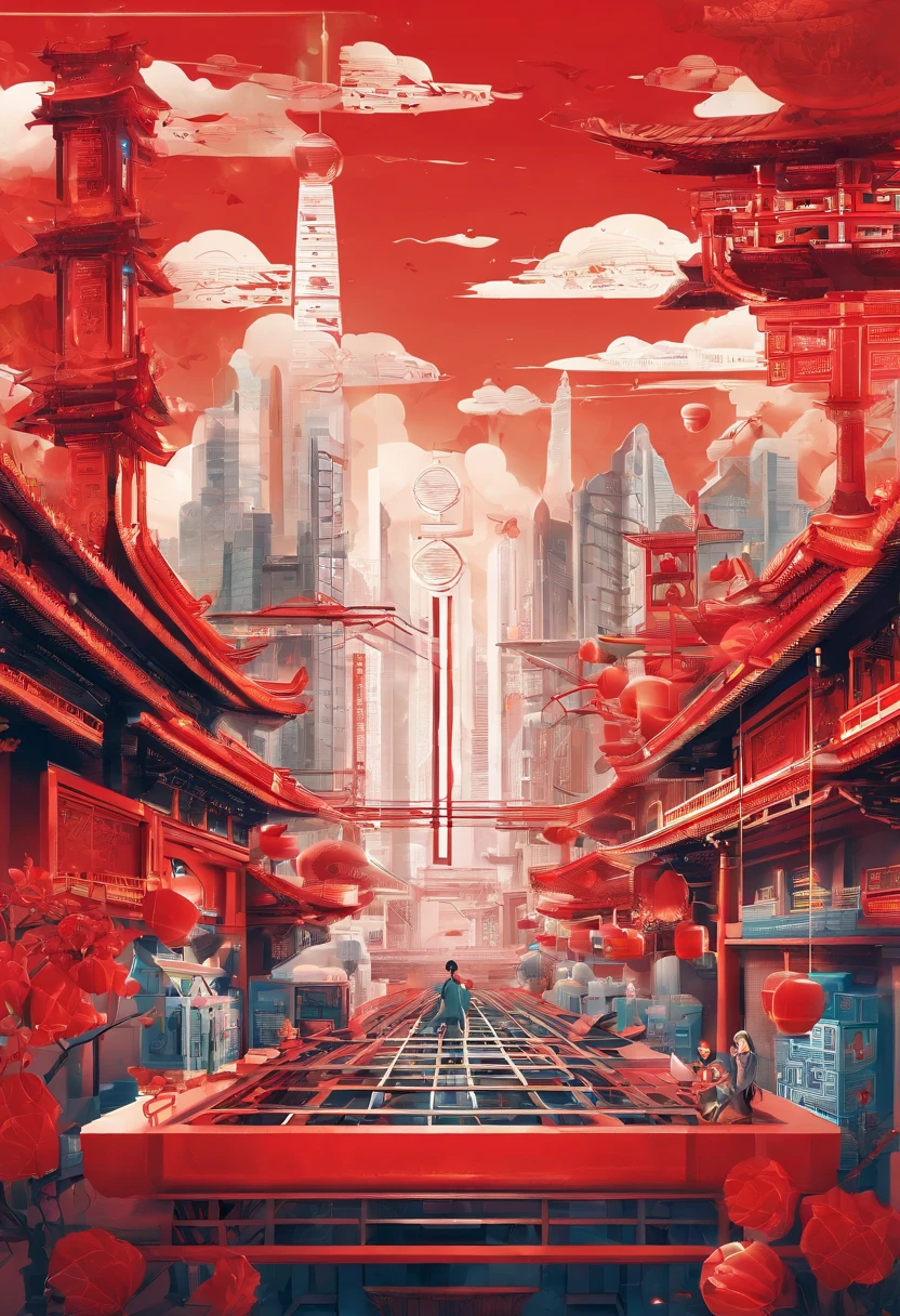 An illustration style,Combining modern technology and red culture,Used for poster illustrations。 As the core of the picture,It is surrounded by high-rise buildings、Speed railway、Modern technological elements such as 5G base stations。 The Chinese knot serves as the highlight of the picture,Made of woven lines,It symbolizes China's traditional culture and national spirit。 the ai、Quantum Computers、Technological elements such as spacecraft as symbols of future development,appears at the bottom of the screen