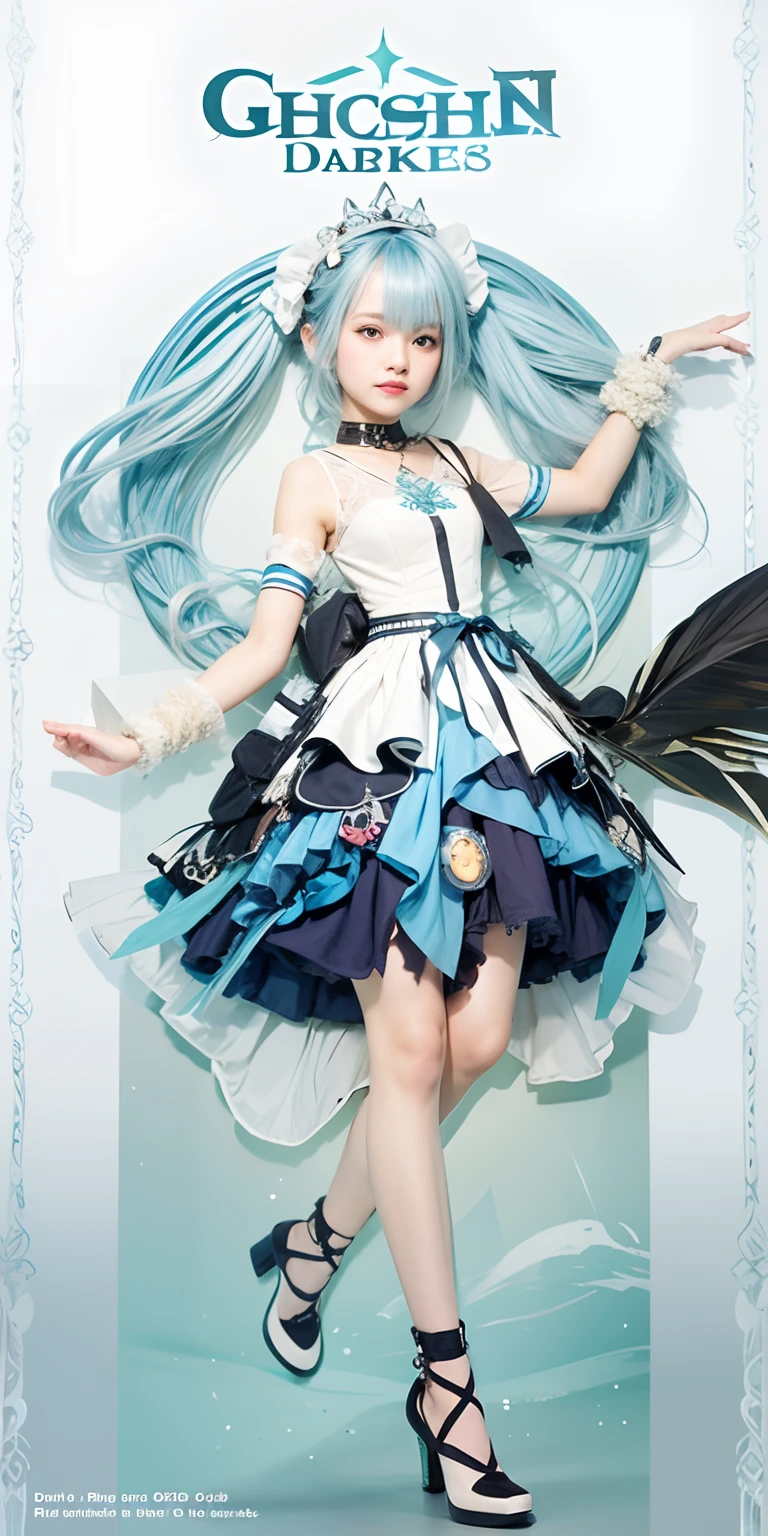 a cute girl with long light blue hair, wearing white-top dress and diamond-shaped dark blue skirt and light blue shoes