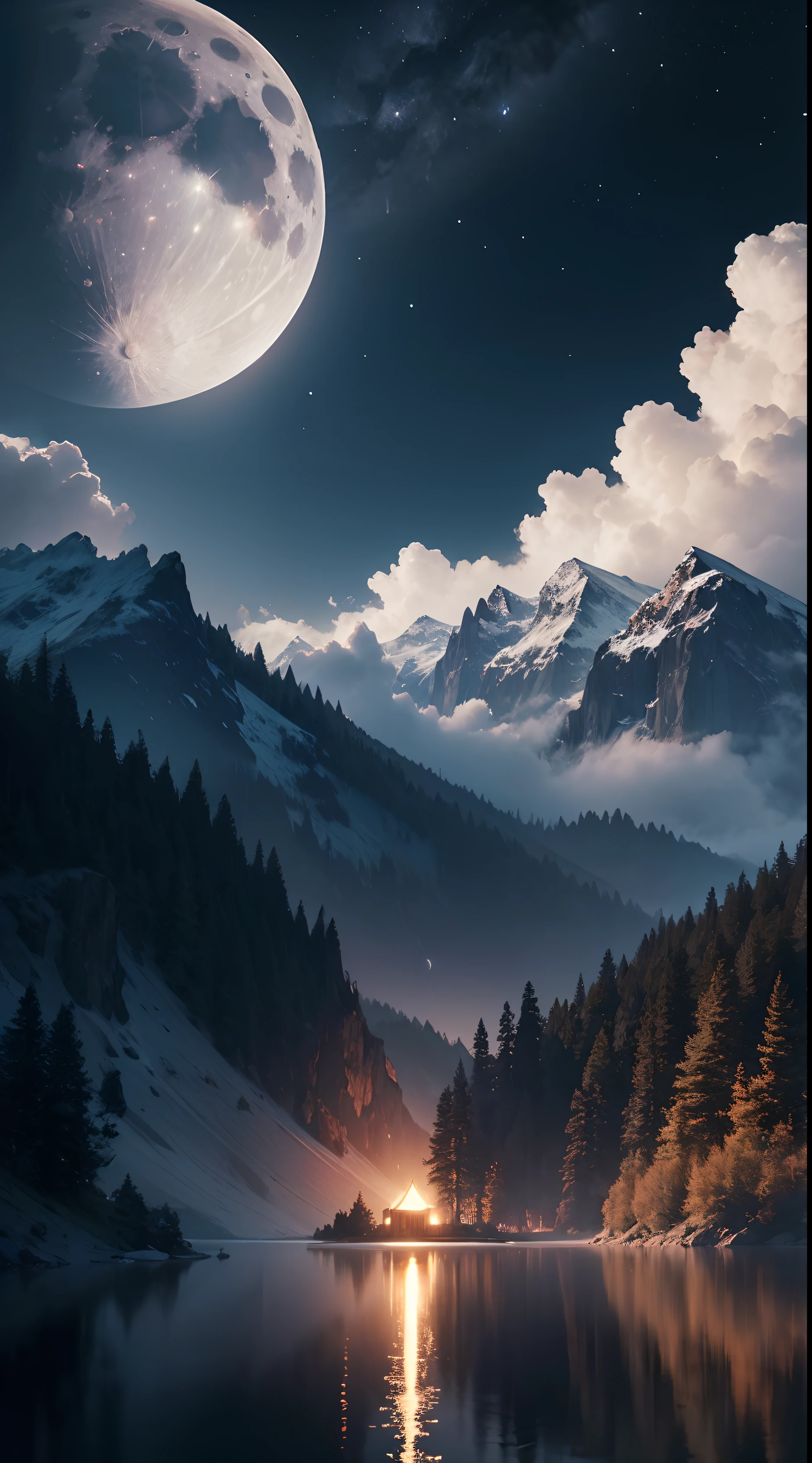 Moon night background with beautiful lake Wallpaper high detail 8k realistic full HD