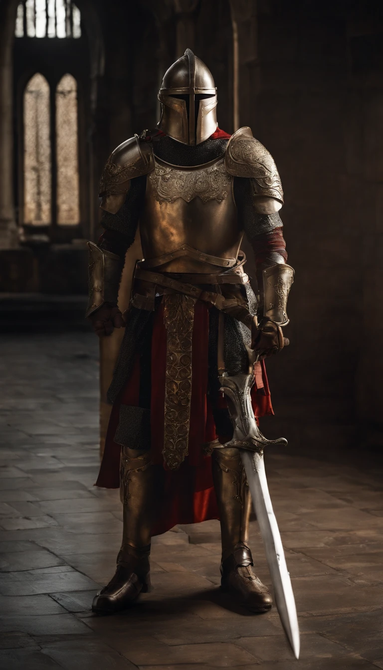 A man in armor stands in the hall with a sword, full portrait of magical knight, ares with heavy armor and sword, Fantasy warrior in full armor, paladin golden armor,for honor charector concept art, knight armored in red, Epic Paladin armor, holy crusader medieval knight