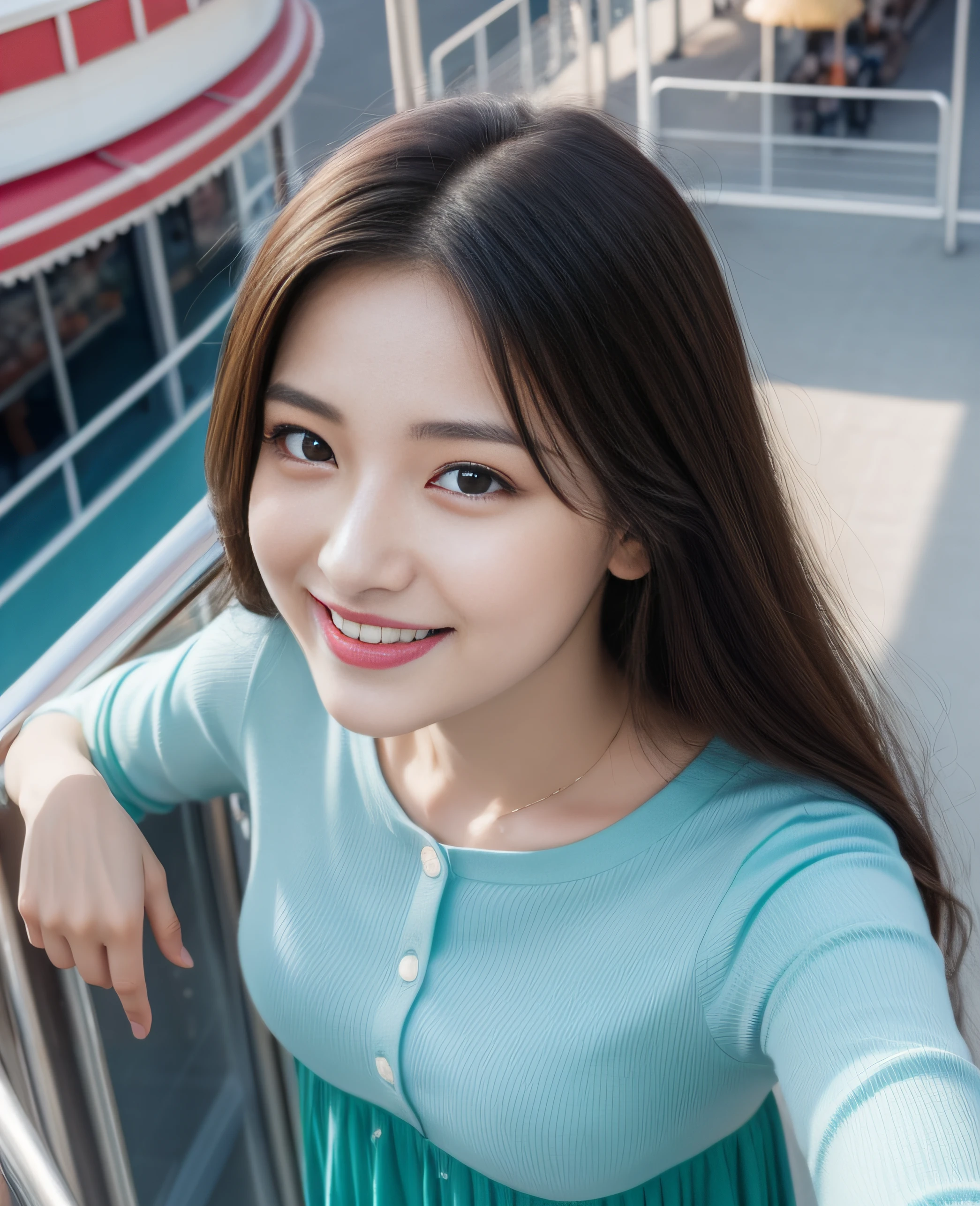 ((Top Quality, 8K, Masterpiece: 1.3)), Beautiful Girl, Pure, Melon Face, Kind and Cute, Sweet Smile, Pure Desire, Slender Body, (Sideways Body), (Tilts the Head), Vibrant Casual Dress, long hair, long flowing shoulders, big round black eyes, big clear eyes, moist red lips, sweet, (((shot from above))), amusement park background, afternoon,