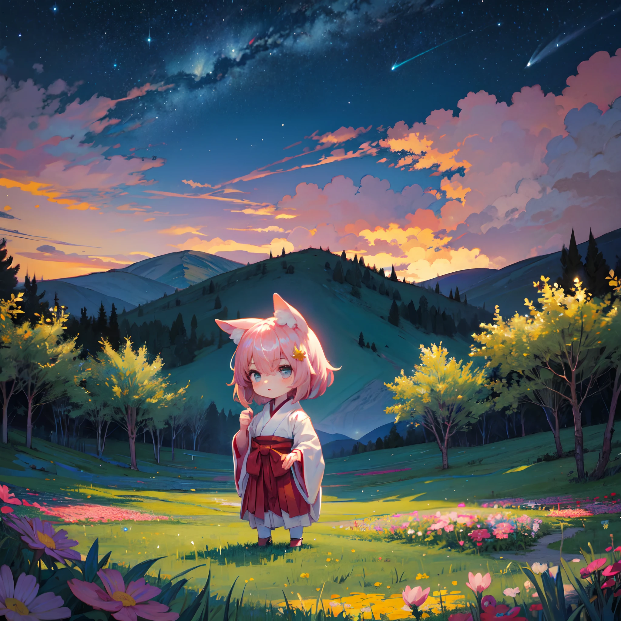 ((in the style of pixel art)), 16-bit, a wide landscape photo, (viewed from below, the ((dark starry night sky)) is above, and the open field is below), 1girl, ((nekomimi)), a distant ((child chibi catgirl wearing a miko hakama)) is standing on the flower field looking upward, ((short turquoise hair in a wavy bob-cut)), pink highlights, distant mountains