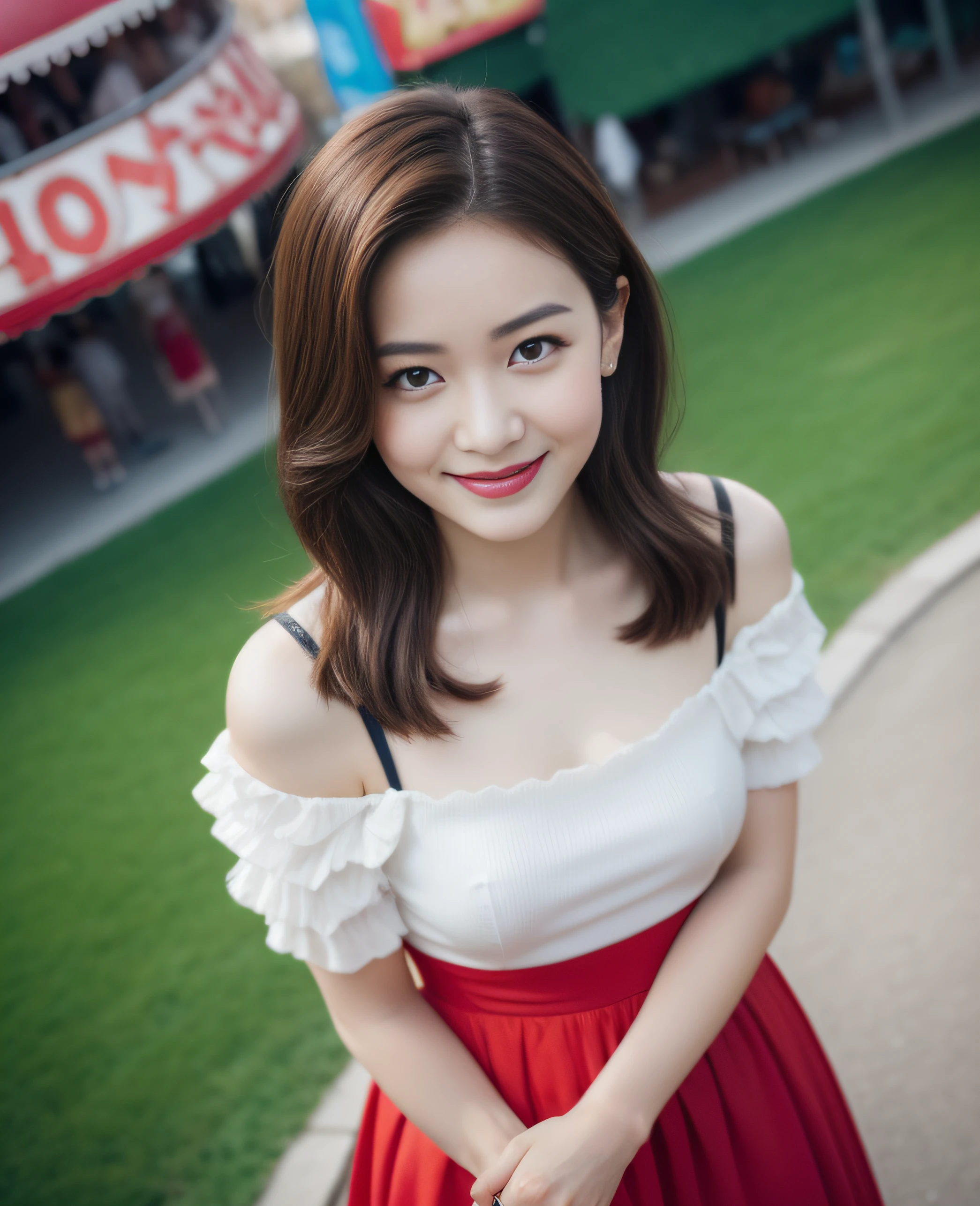 ((Top Quality, 8K, Masterpiece: 1.3)), Beautiful Girl, Pure, Melon Face, Kind and Cute, Sweet Smile, Pure Desire, Slender Body, (Sideways Body), (Tilts the Head), Vibrant Casual Dress, long hair, long flowing shoulders, big round black eyes, big clear eyes, moist red lips, sweet, (((shot from above))), amusement park background, afternoon,