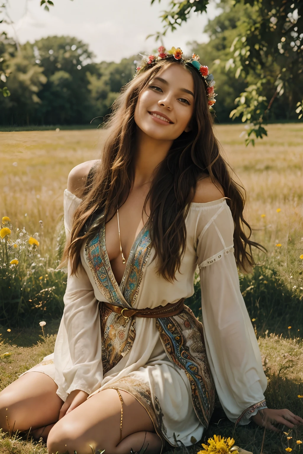 holding a flower crown, surrounded by colorful bohemian tapestries. She has long flowing hair and is smiling warmly. The scene is set in a sunlit meadow with tall grass and wildflowers. The woman is barefoot and her clothes are loose and flowing, reflecting the carefree spirit of the hippie era. The colors in the image are vibrant and saturated, with a warm and ethereal color tone. The lighting is soft and diffused, casting a gentle glow on the woman and the surroundings. The image is of the highest quality, with exquisite details in the woman's features, her flowing hair, and the intricate patterns on the tapestries. The overall style of the artwork is reminiscent of 70s bohemian aesthetics, capturing the spirit of peace, freedom, and love.