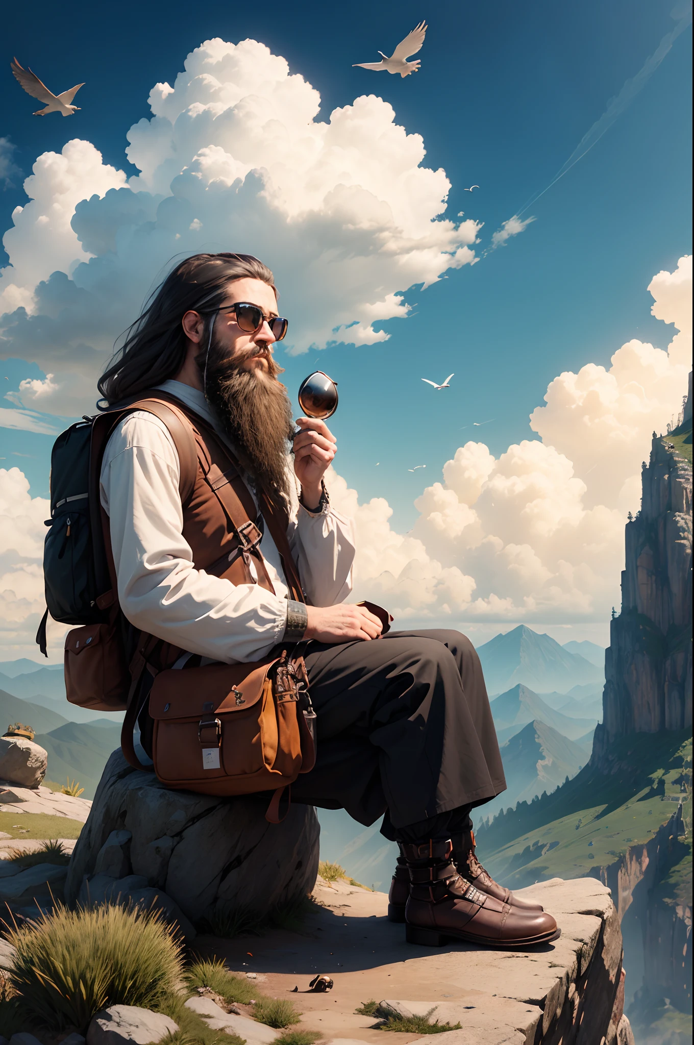 A man long beard man, dredlock hair, sitting on a mountain top, mountains and clouds in the front, birds, bag pack, sun glass, alone , masterpiece, information, hyper realistic, cinematic picture, zoomed out