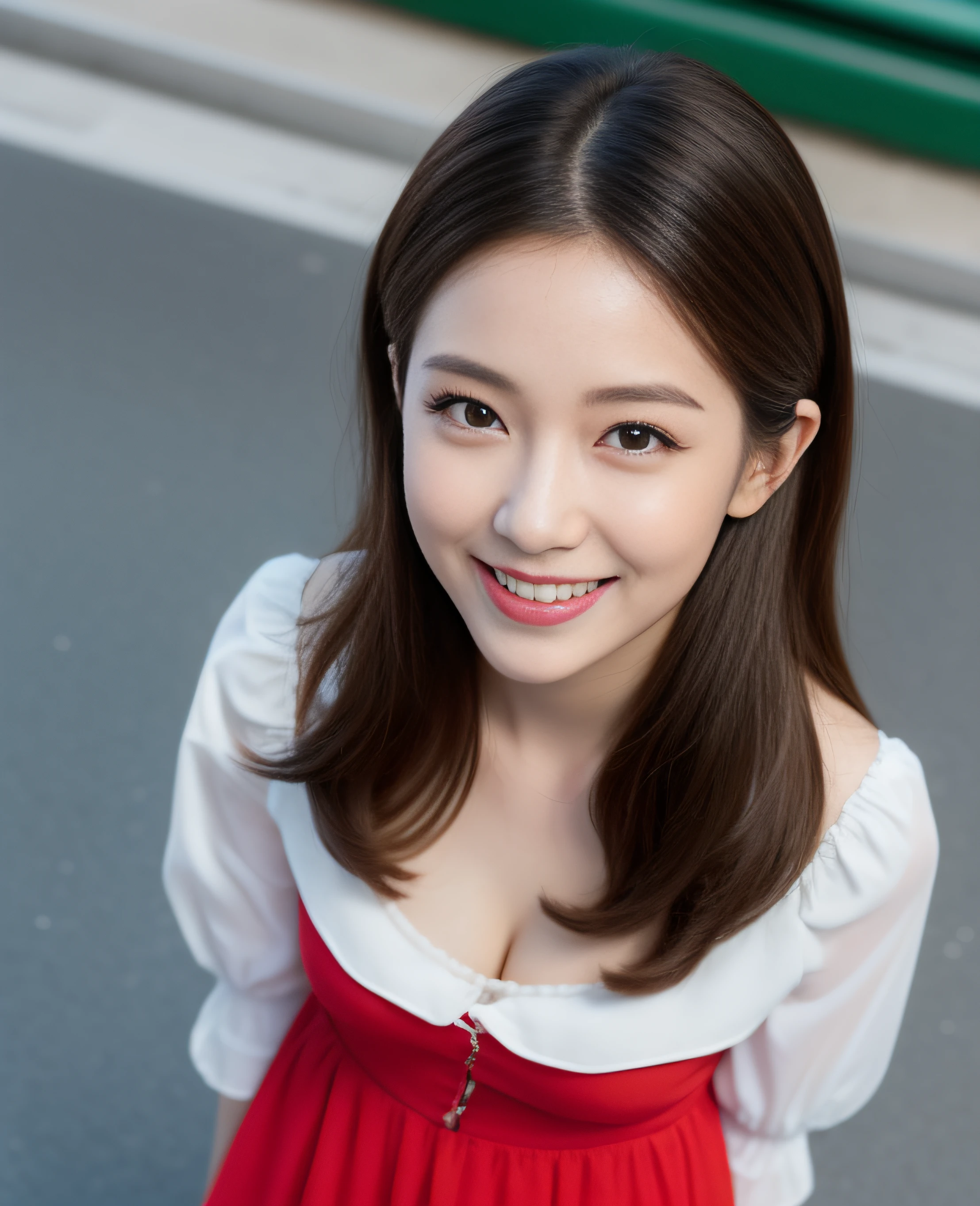 ((Top Quality, 8K, Masterpiece: 1.3)), Beautiful Girl, Pure, Melon Face, Kind and Cute, Sweet Smile, Pure Desire, Slender Body, (Sideways Body), (Tilts the Head), Vibrant Casual Dress, long hair, long flowing shoulders, big round black eyes, big clear eyes, moist red lips, sweet, (((shot from above))), amusement park background, afternoon,