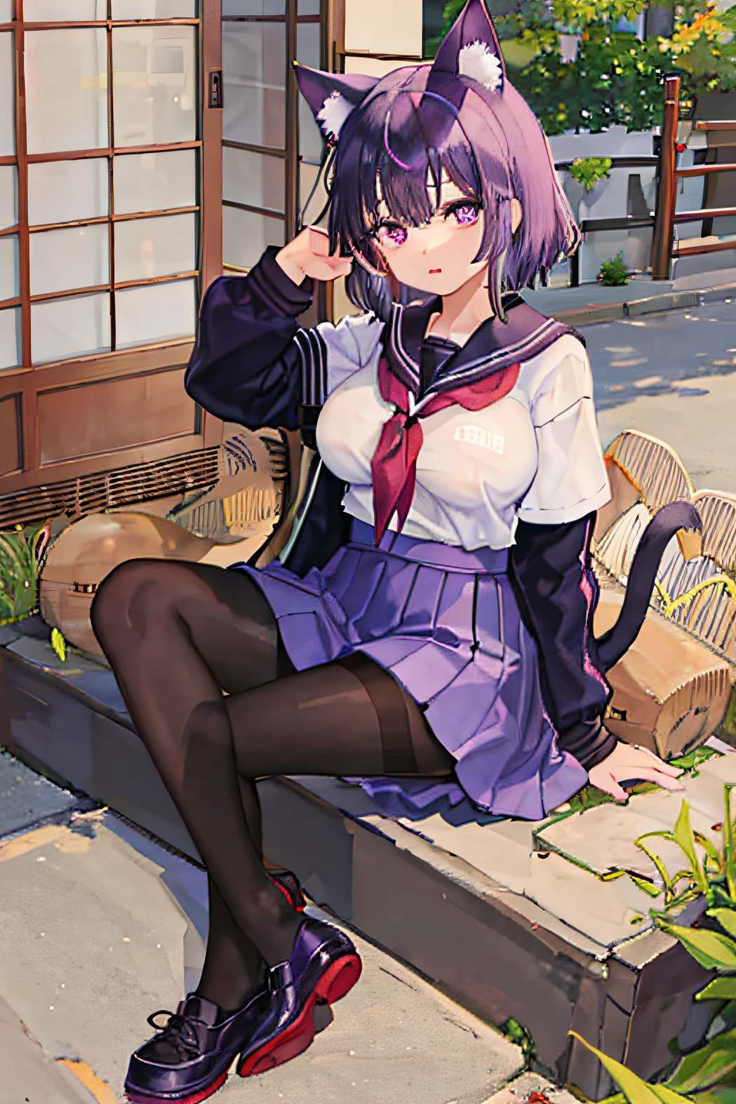 A cute girl from Ichimin，cat ear，Purple hair big breasts，Pantyhose black stockings，beautidful eyes，a matural female，Clear face，wearing a Japanese school uniform，Japanese school uniform，japanese girl school uniform，Converse purple canvas shoes，Purple shoes