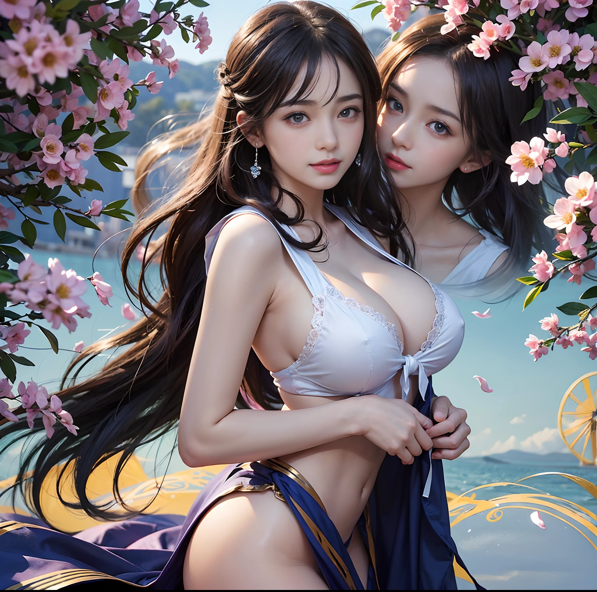 (top-quality)、 (masterpiece)、(Professional lighting with fewer shadows)、 (A hyper-realistic)、 (perfect anatomia)、 (In front of the camera、There are two women、Forward and backward、Crying Kuroko、That and bangs and forehead), ( Huge breasts), (Bright and even whitening skin without wrinkles and steps), (Beautiful blue eyes with long eyelashes and red tear bags)、 (Although the costume is naked、Wear sailor colors only:1.3), (Two people are surrounded by flowers, Point the camera forward、Proudly stick out your chest:1.2), (Another person on the other side、with arcuate waist, Turn your back and expose your proud big ass:1.3), (One hand behind the head, A beautiful face is a beautiful smile with lowered eyebrows),