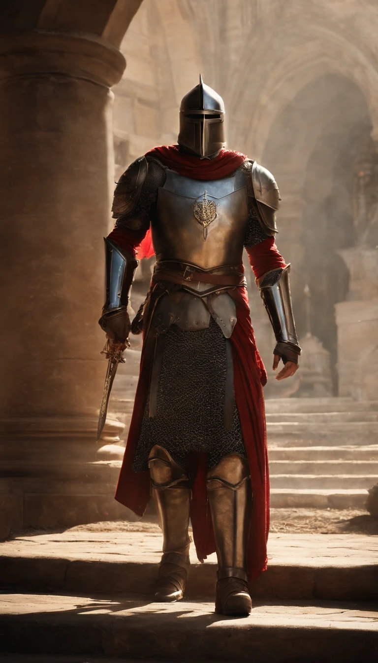A man in armor stands in the hall with a sword, full portrait of magical knight, ares with heavy armor and sword, Fantasy warrior in full armor, paladin golden armor,for honor charector concept art, knight armored in red, Epic Paladin armor, holy crusader medieval knight，fully body photo