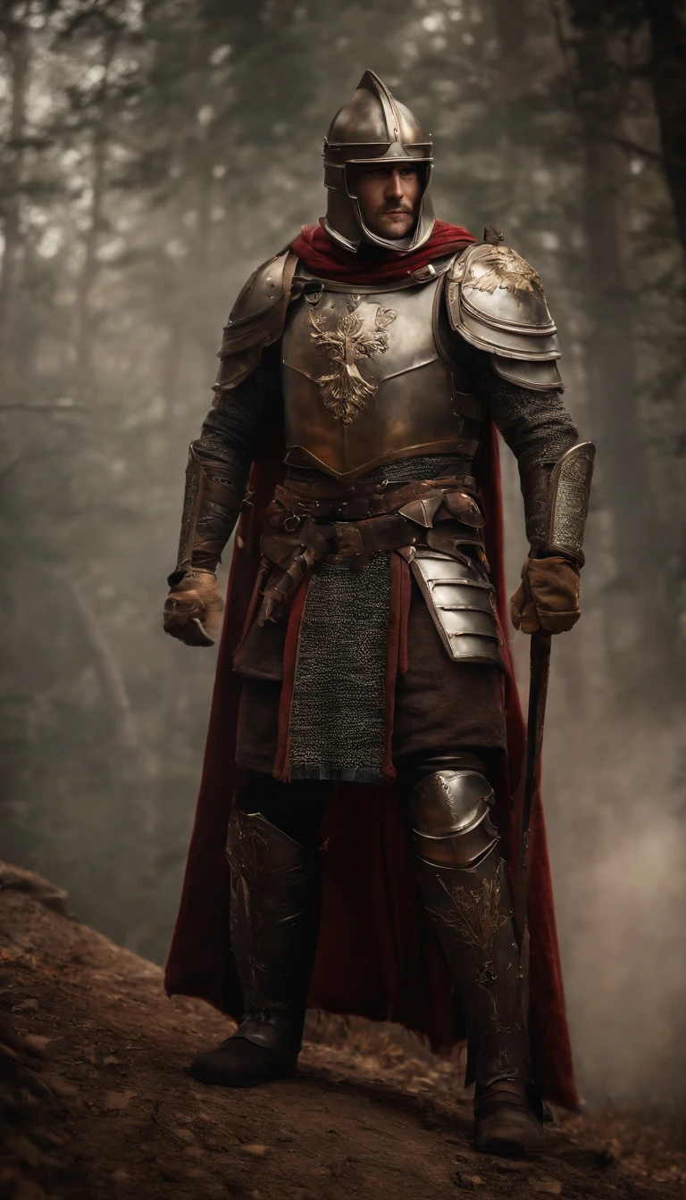 A man in armor stands in the hall with a sword, full portrait of magical knight, ares with heavy armor and sword, Fantasy warrior in full armor, paladin golden armor,for honor charector concept art, knight armored in red, Epic Paladin armor, holy crusader medieval knight，fully body photo