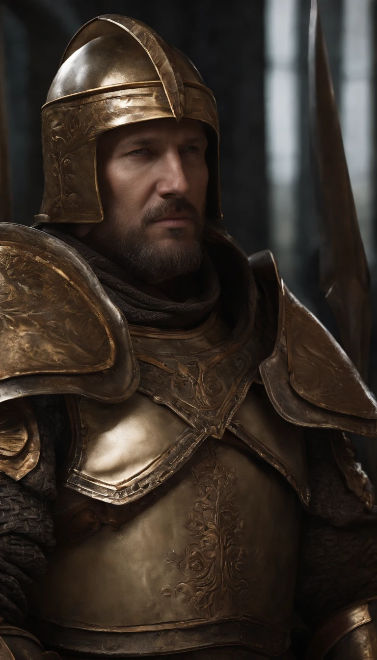 A man in armor stands in the hall with a sword, full portrait of magical knight, ares with heavy armor and sword, Fantasy warrior in full armor, paladin golden armor,for honor charector concept art, knight armored in red, Epic Paladin armor, holy crusader medieval knight,fully body photo