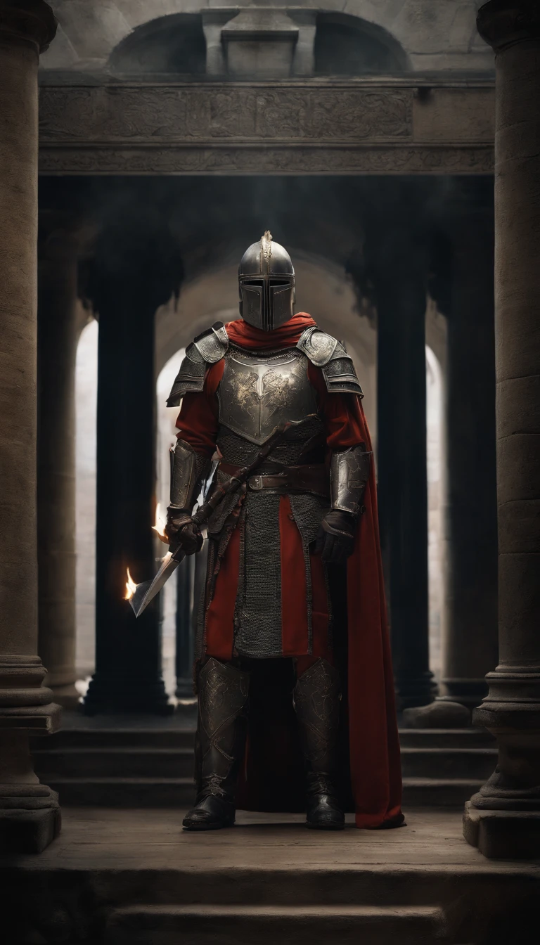 A man in armor stands in the hall with a sword, full portrait of magical knight, ares with heavy armor and sword, Fantasy warrior in full armor, paladin golden armor,for honor charector concept art, knight armored in red, Epic Paladin armor, holy crusader medieval knight,fully body photo