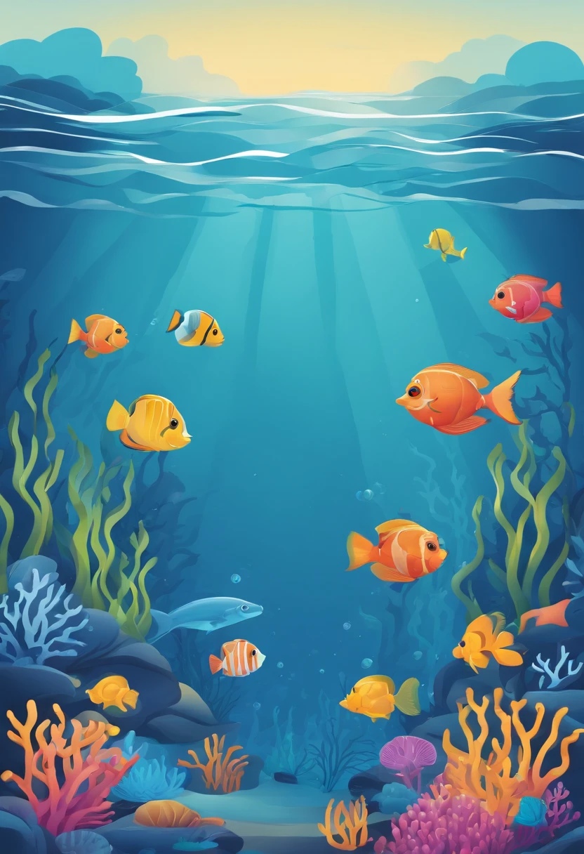 simple, vector, 4k, cheerful, flat background, illustration, under water, sea, kids background, colorful, reef, flat color