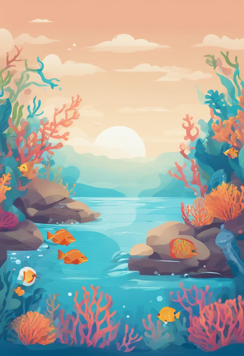 simple, vector, 4k, cheerful, flat background, illustration, under water, sea, kids background, colorful, reef, flat color