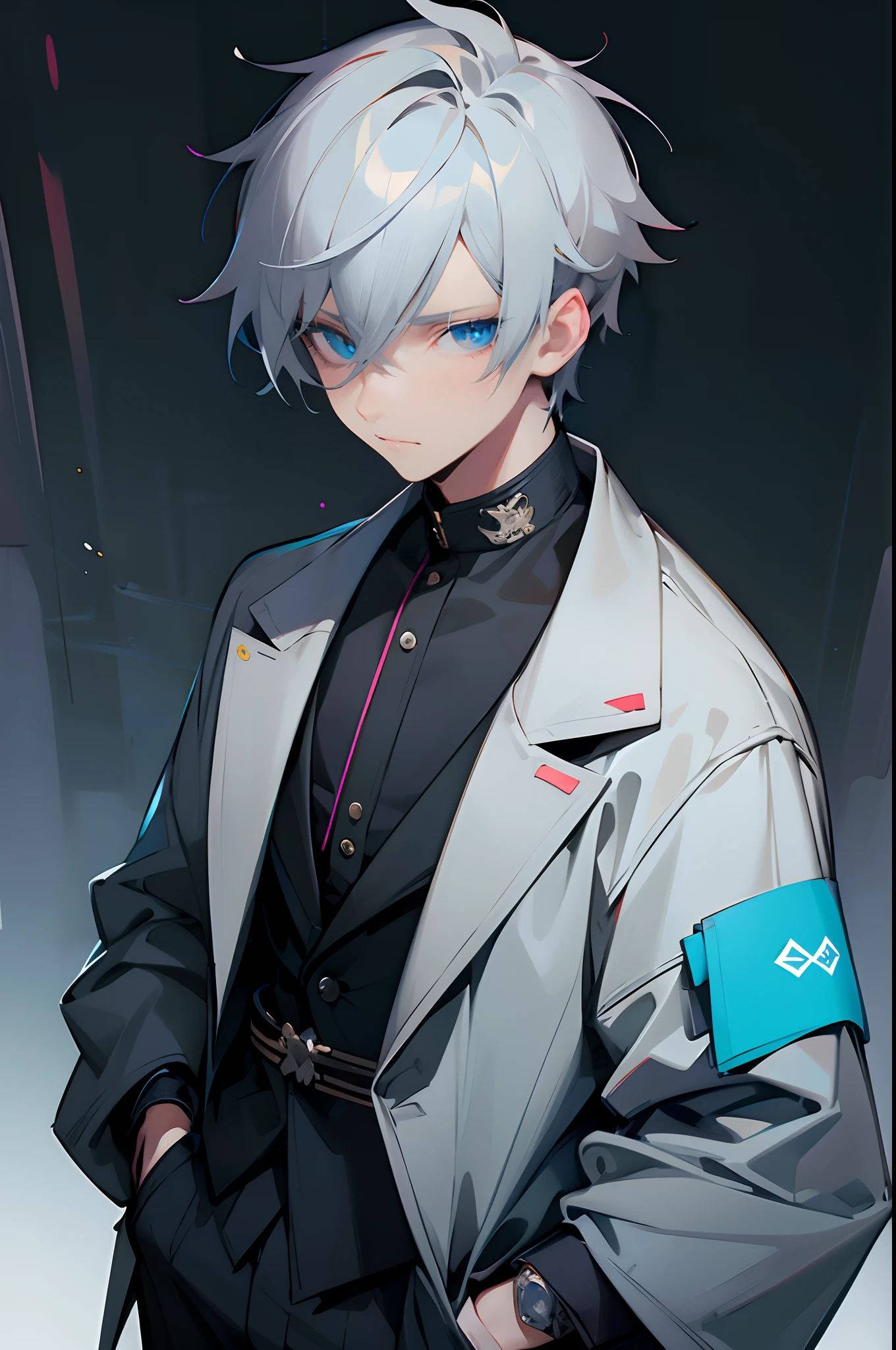 anime boy, gray hair, blue eyes, wearing expensive clothes, hands inside pockets, masterpiece, best quality, fitting body, Dark theme, neon city background, looking at viewer, detailed face, detailed eyes, detailed pupils, detailed body, face towards viewer